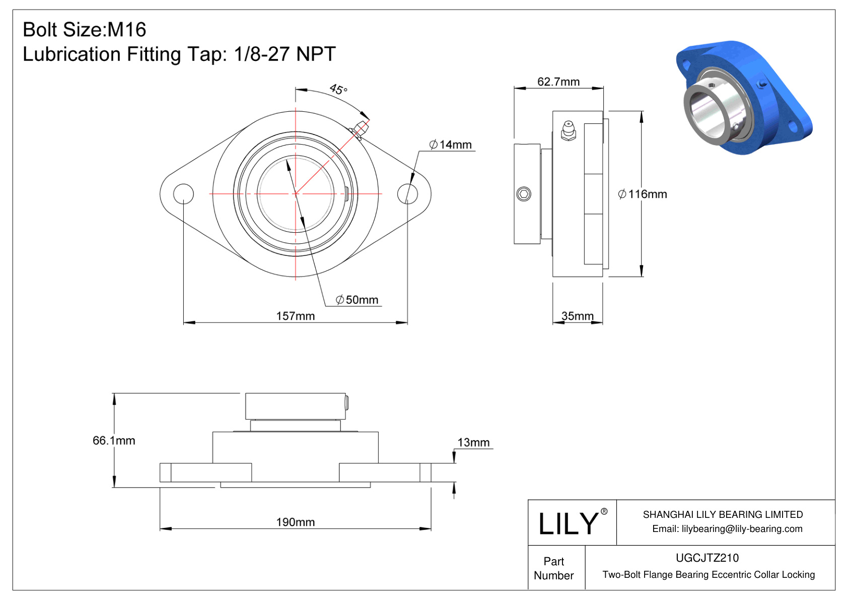 UGCJTZ210 Two-Bolt Flange Bearing Eccentric Collar Locking cad drawing