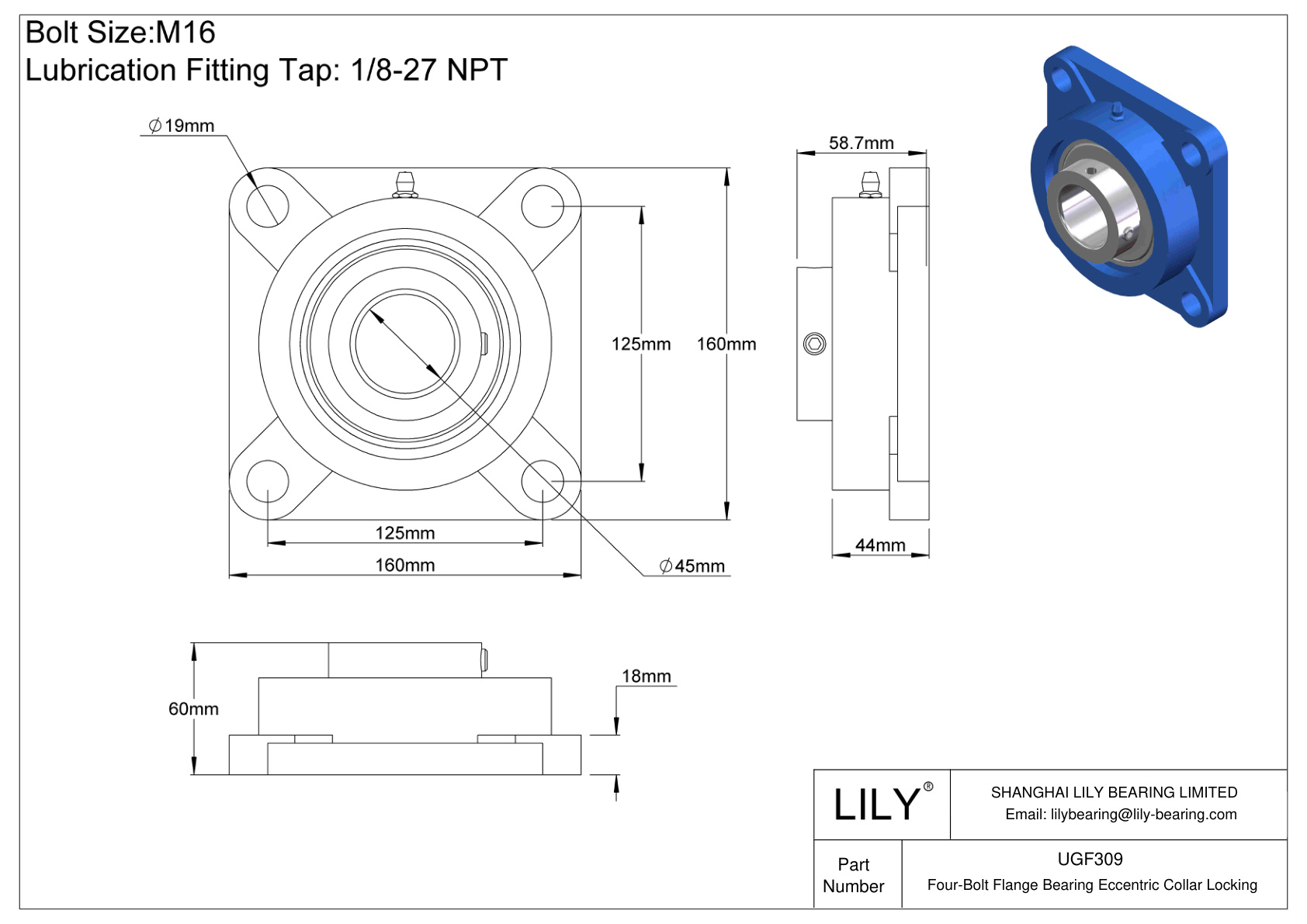 UGF309 Cojinete de brida de cuatro tornillos Bloqueo de collar excéntrico cad drawing