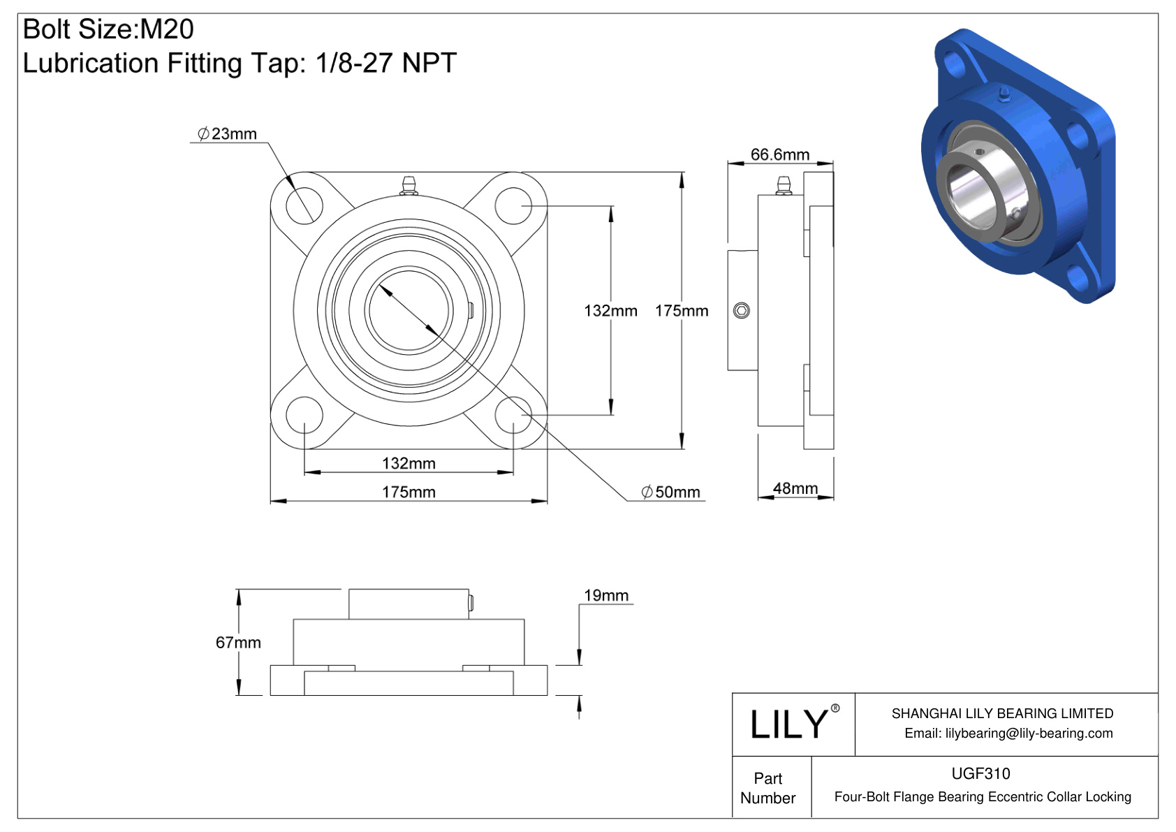 UGF310 Cojinete de brida de cuatro tornillos Bloqueo de collar excéntrico cad drawing