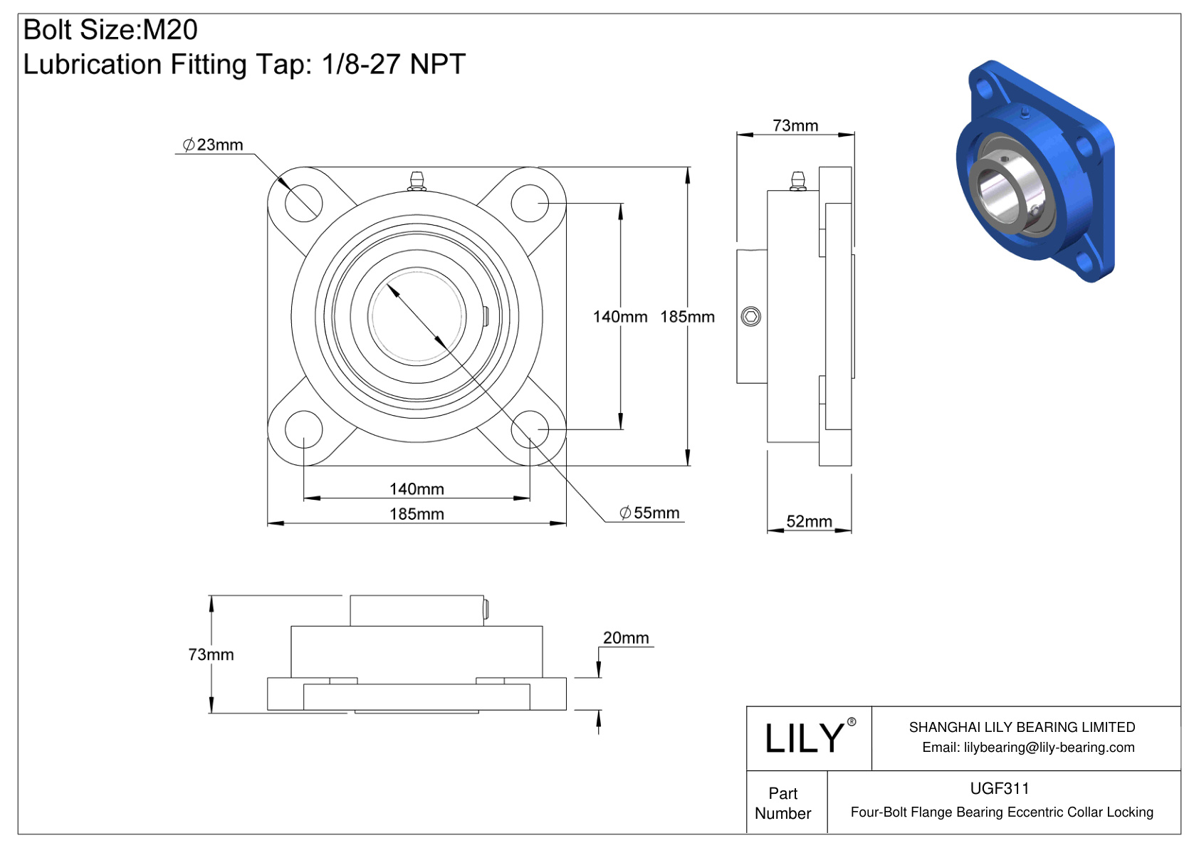 UGF311 Four-Bolt Flange Bearing Eccentric Collar Locking cad drawing