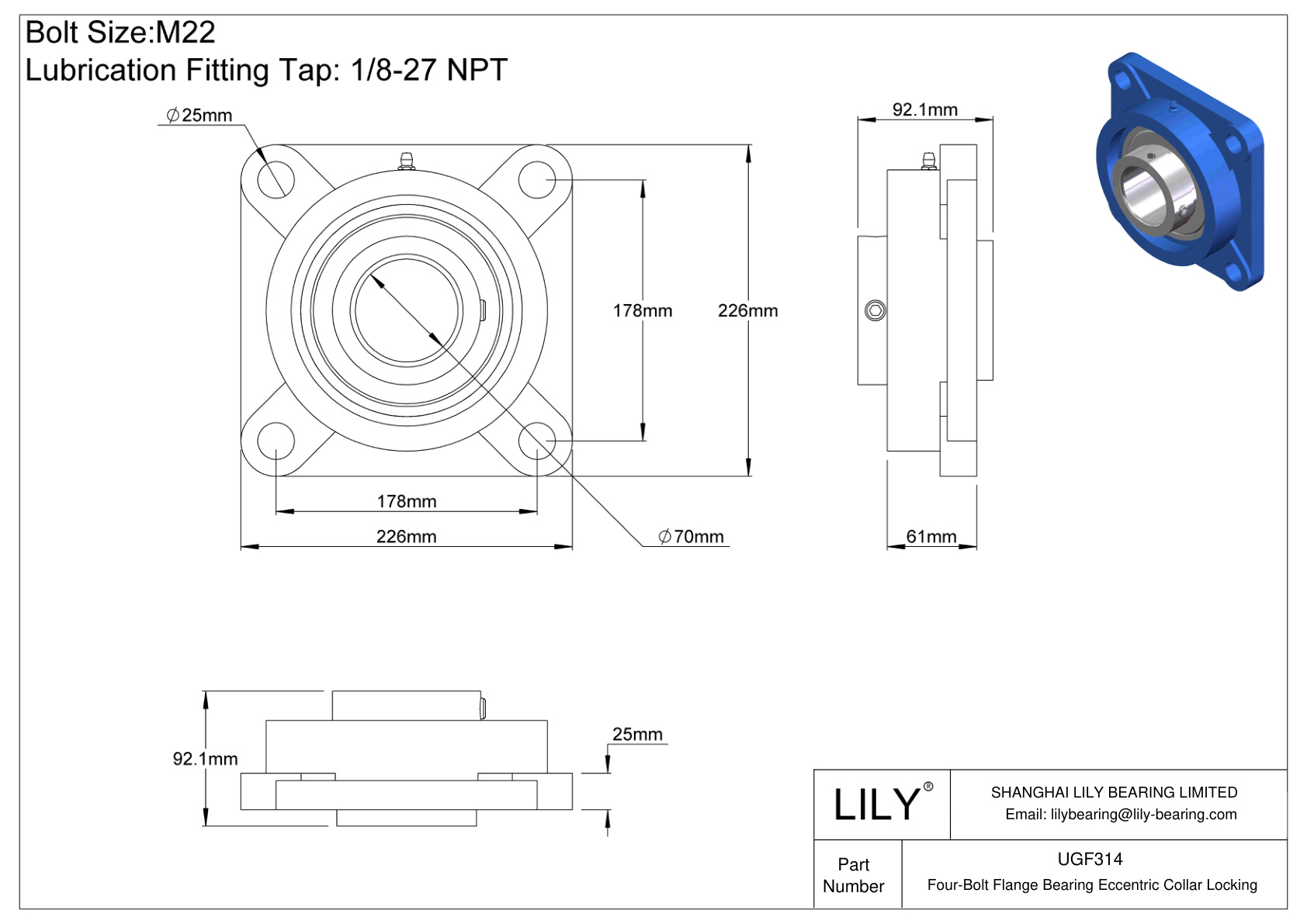 UGF314 Four-Bolt Flange Bearing Eccentric Collar Locking cad drawing