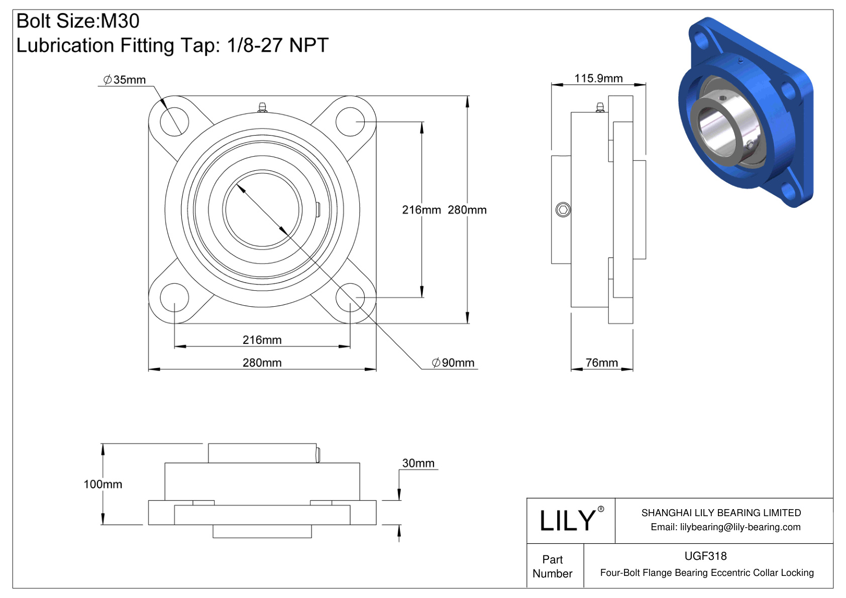 UGF318 Cojinete de brida de cuatro tornillos Bloqueo de collar excéntrico cad drawing