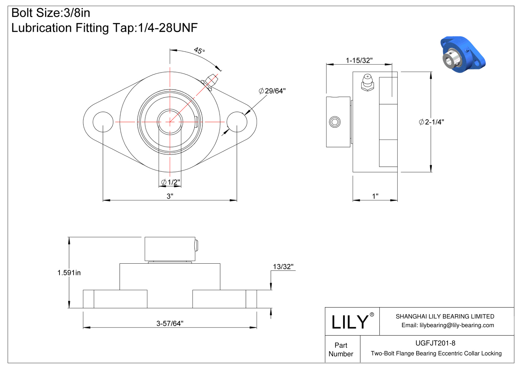 UGFJT201-8 Two-Bolt Flange Bearing Eccentric Collar Locking cad drawing