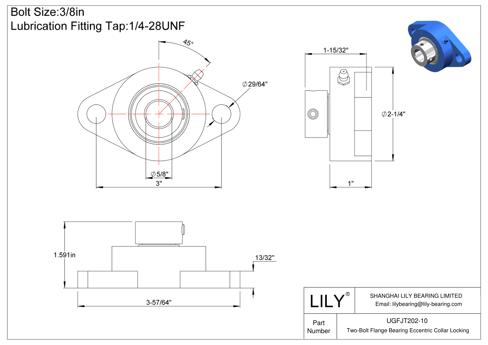 UGFJT202-10 Two-Bolt Flange Bearing Eccentric Collar Locking cad drawing