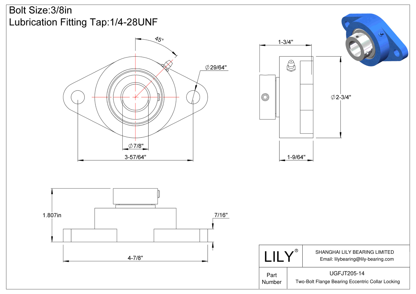 UGFJT205-14 Cojinete de brida de dos pernos Bloqueo de collar excéntrico cad drawing