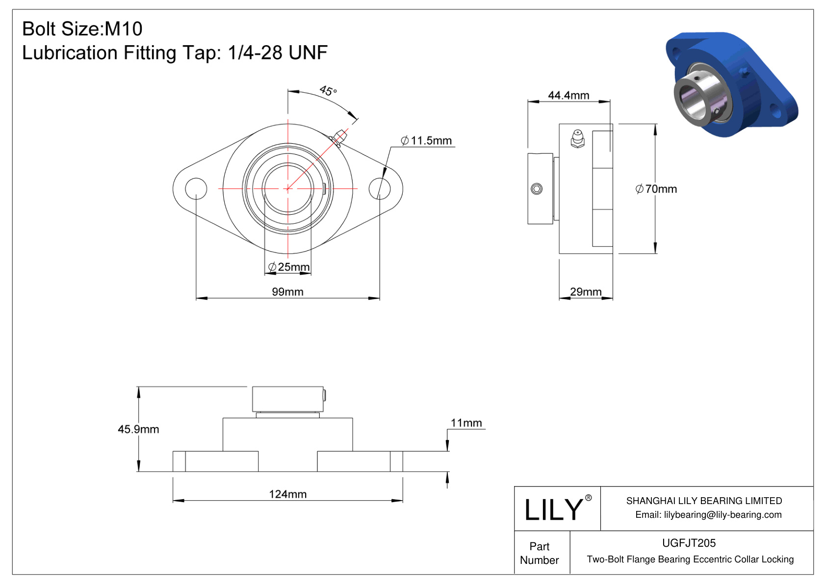 UGFJT205 Two-Bolt Flange Bearing Eccentric Collar Locking cad drawing