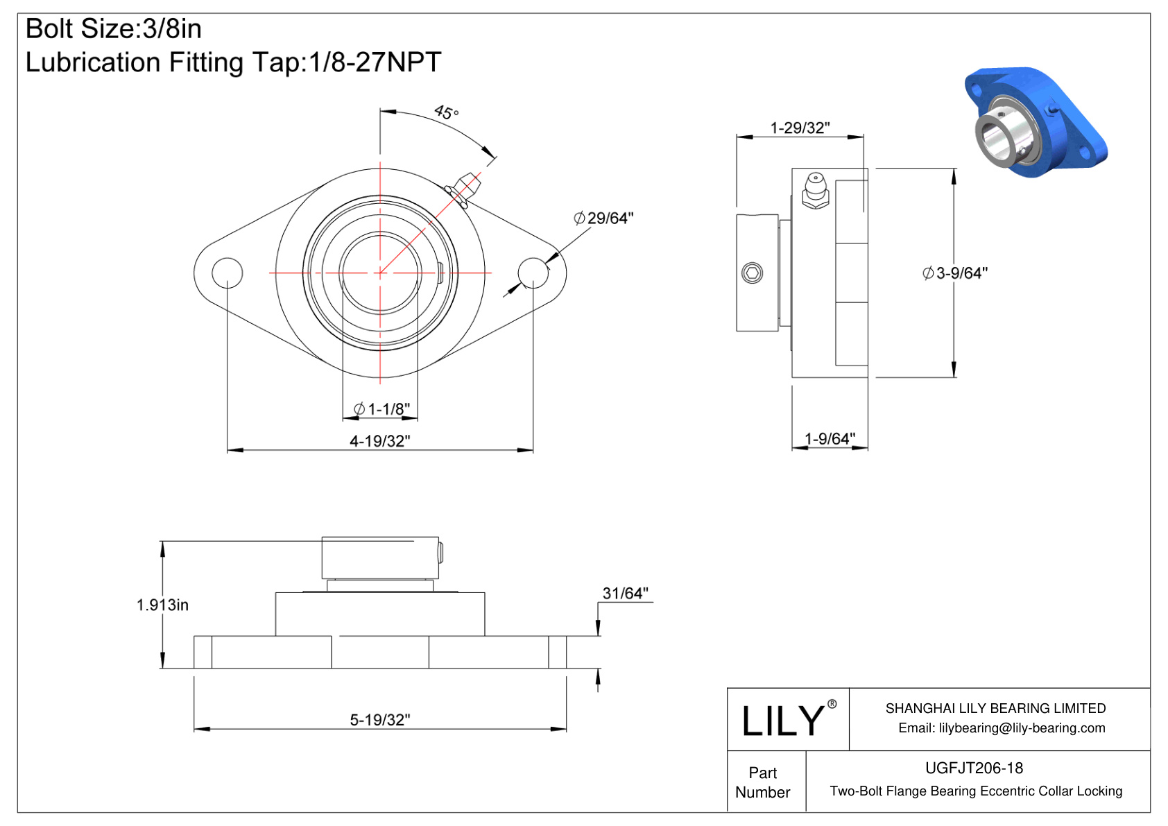 UGFJT206-18 Two-Bolt Flange Bearing Eccentric Collar Locking cad drawing