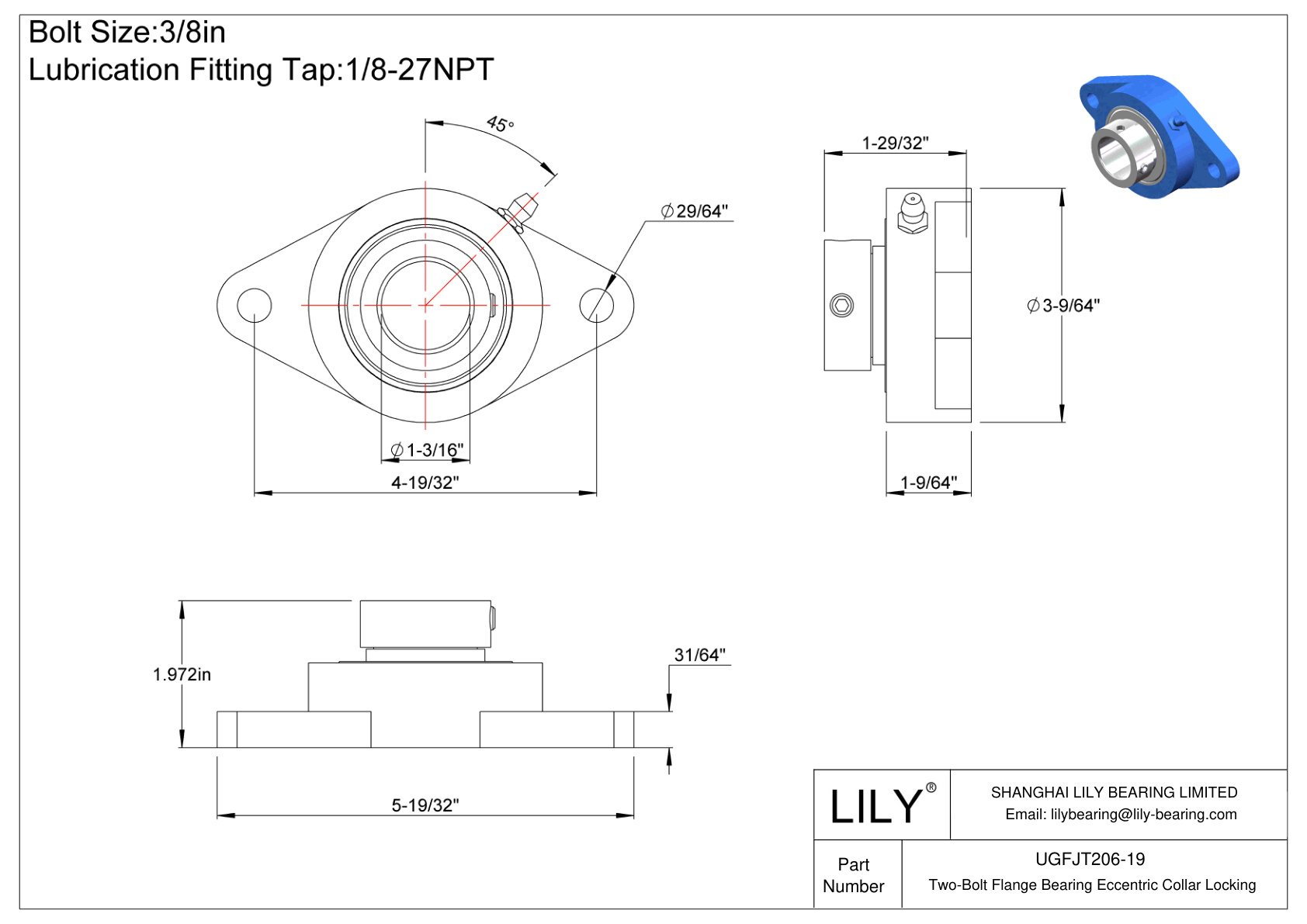 UGFJT206-19 Two-Bolt Flange Bearing Eccentric Collar Locking cad drawing