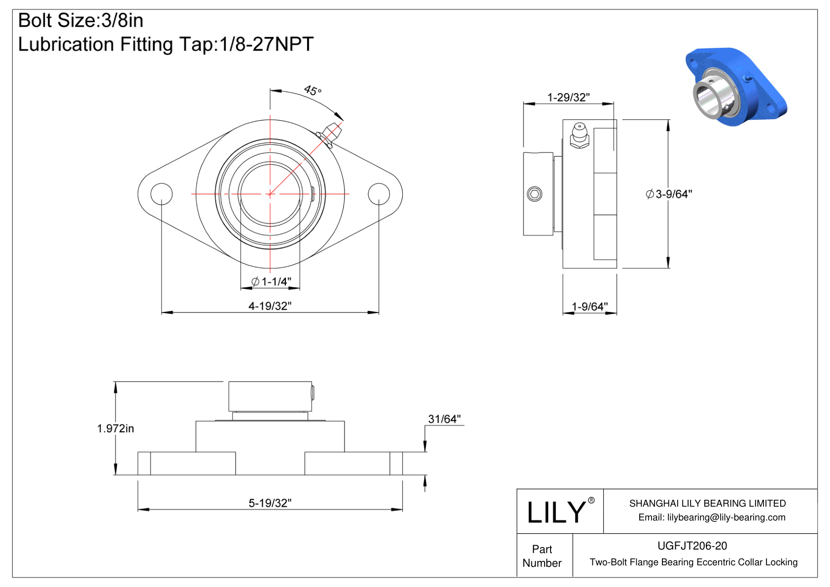 UGFJT206-20 Cojinete de brida de dos pernos Bloqueo de collar excéntrico cad drawing