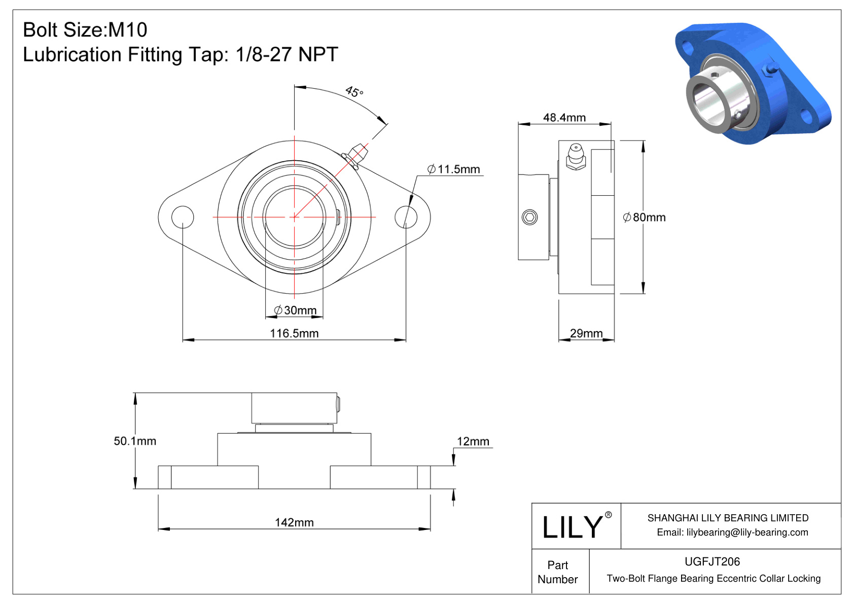 UGFJT206 Two-Bolt Flange Bearing Eccentric Collar Locking cad drawing