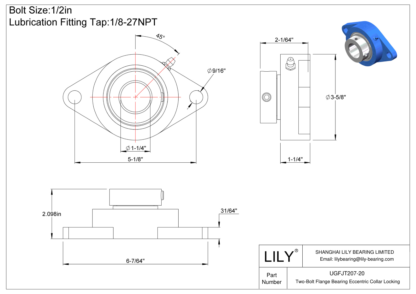 UGFJT207-20 Two-Bolt Flange Bearing Eccentric Collar Locking cad drawing