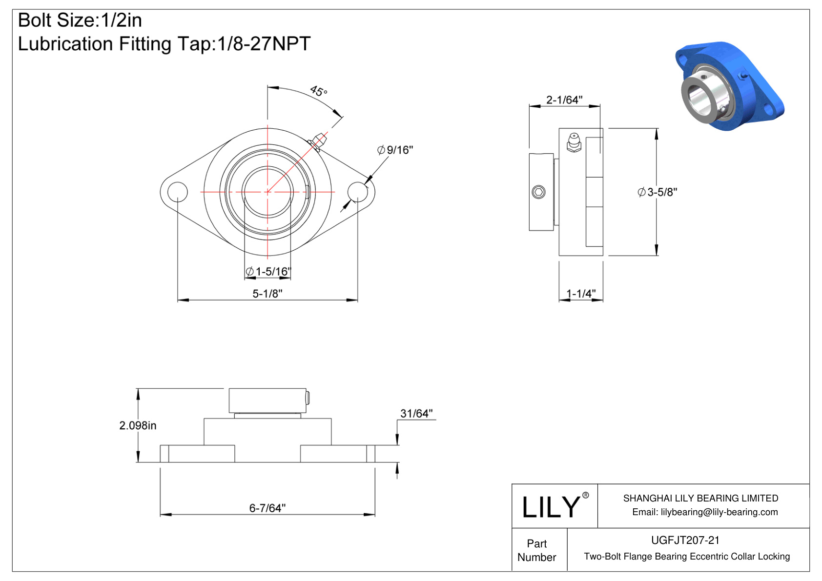 UGFJT207-21 Two-Bolt Flange Bearing Eccentric Collar Locking cad drawing