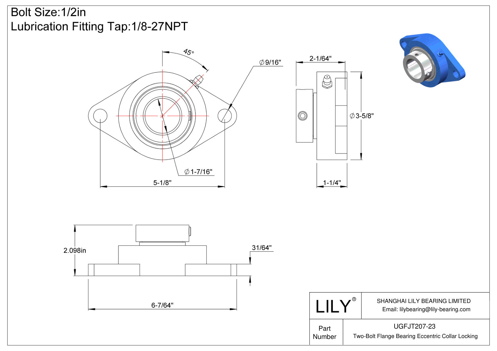 UGFJT207-23 Two-Bolt Flange Bearing Eccentric Collar Locking cad drawing