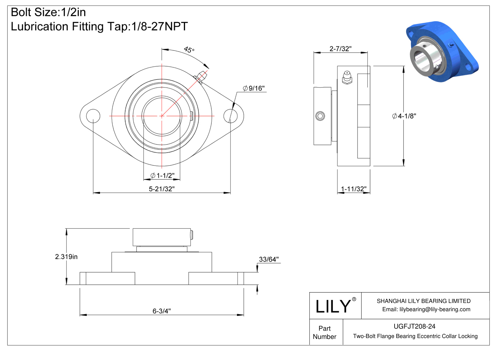 UGFJT208-24 Two-Bolt Flange Bearing Eccentric Collar Locking cad drawing