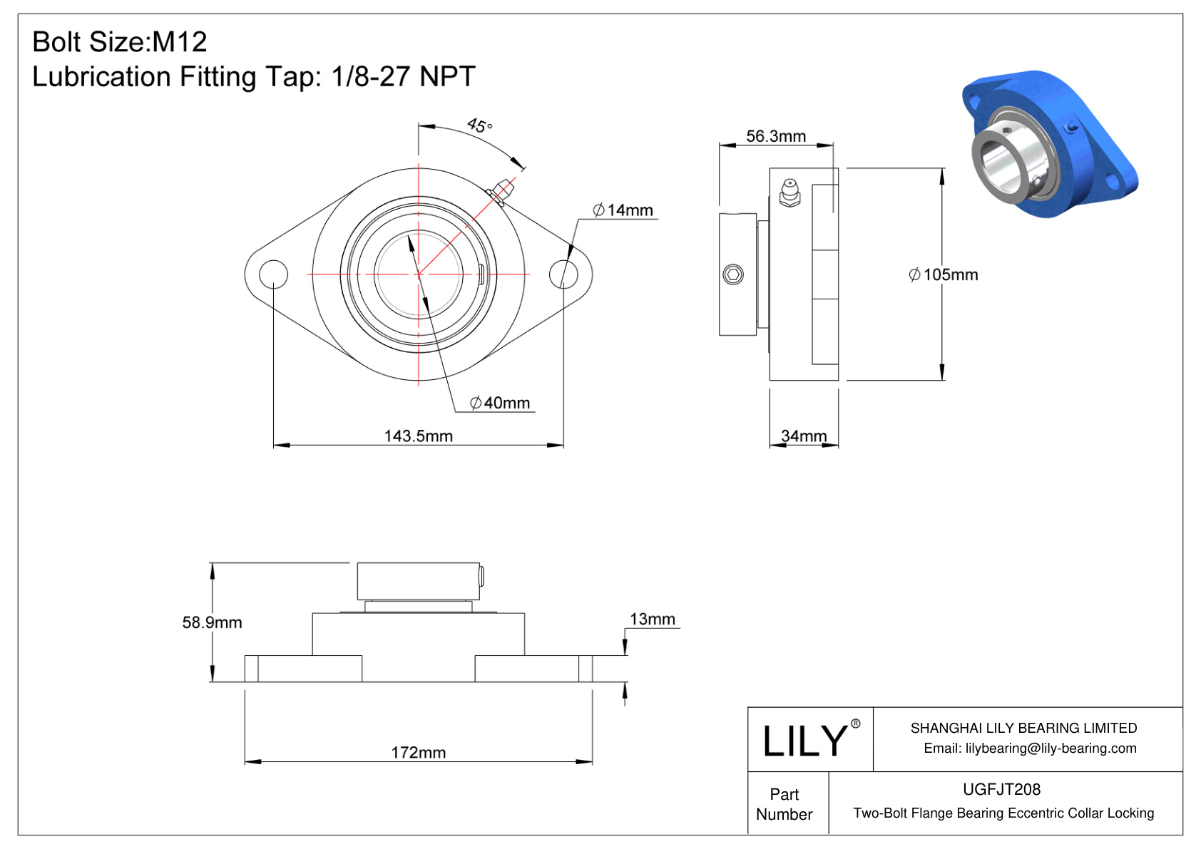 UGFJT208 Two-Bolt Flange Bearing Eccentric Collar Locking cad drawing