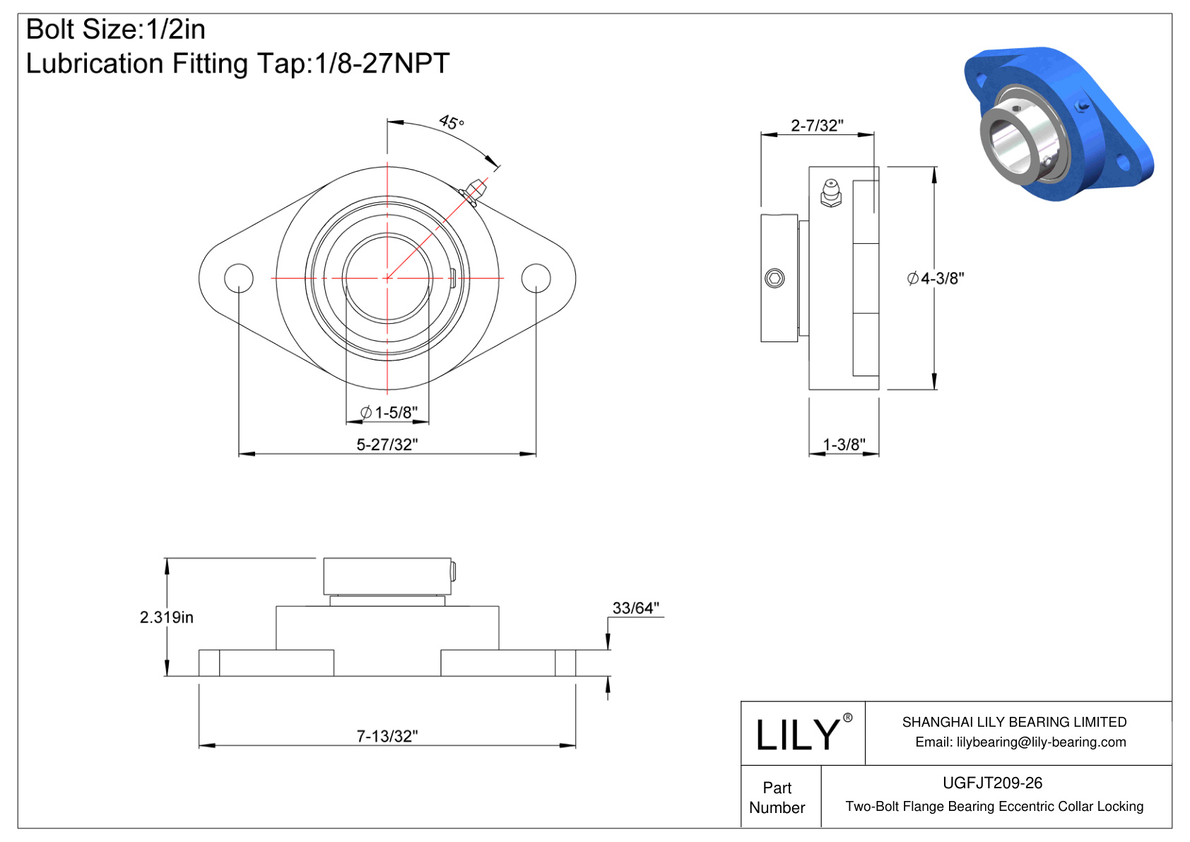 UGFJT209-26 Cojinete de brida de dos pernos Bloqueo de collar excéntrico cad drawing