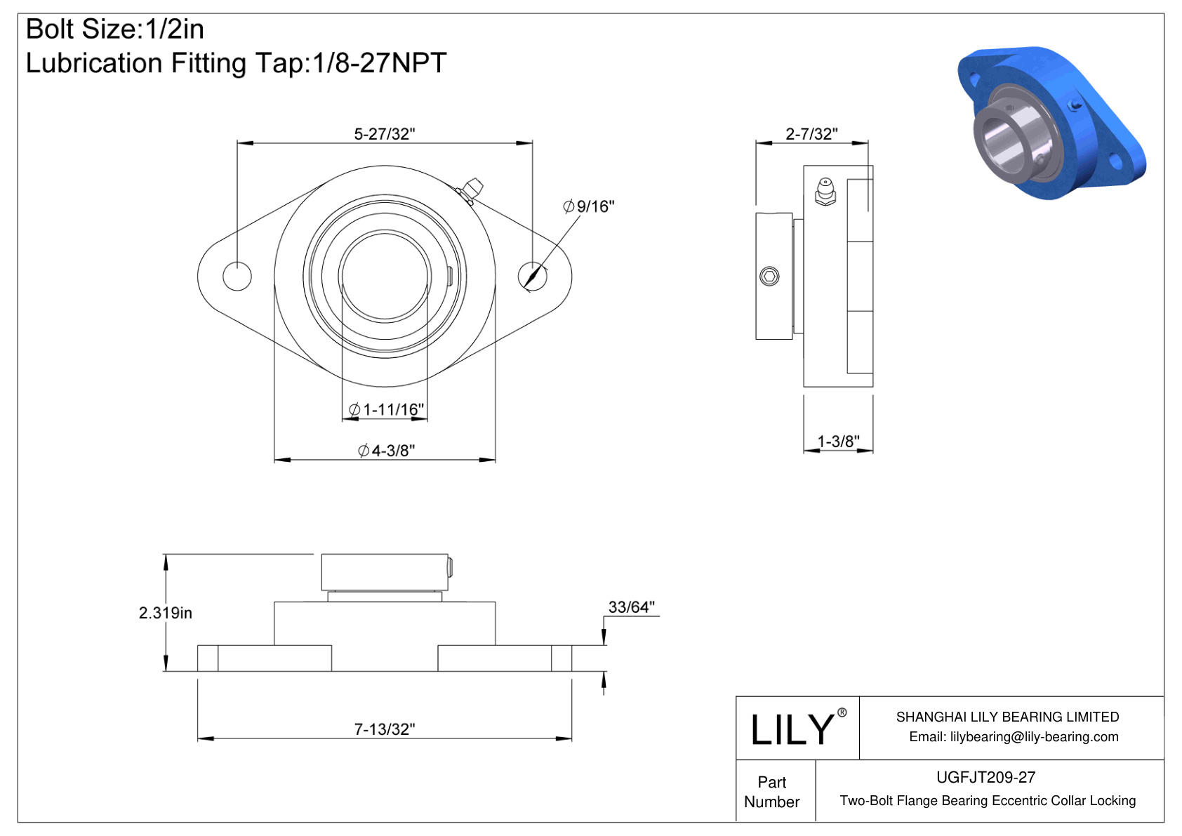 UGFJT209-27 Cojinete de brida de dos pernos Bloqueo de collar excéntrico cad drawing