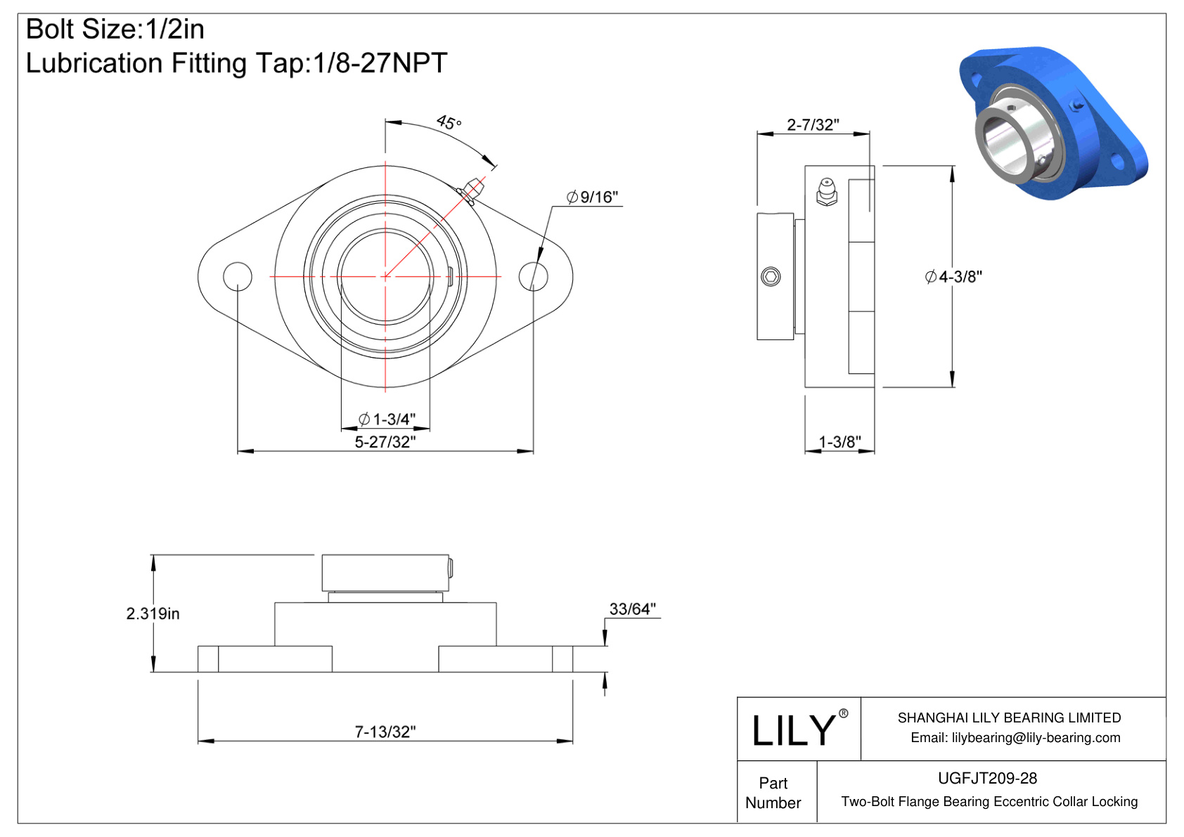 UGFJT209-28 Cojinete de brida de dos pernos Bloqueo de collar excéntrico cad drawing