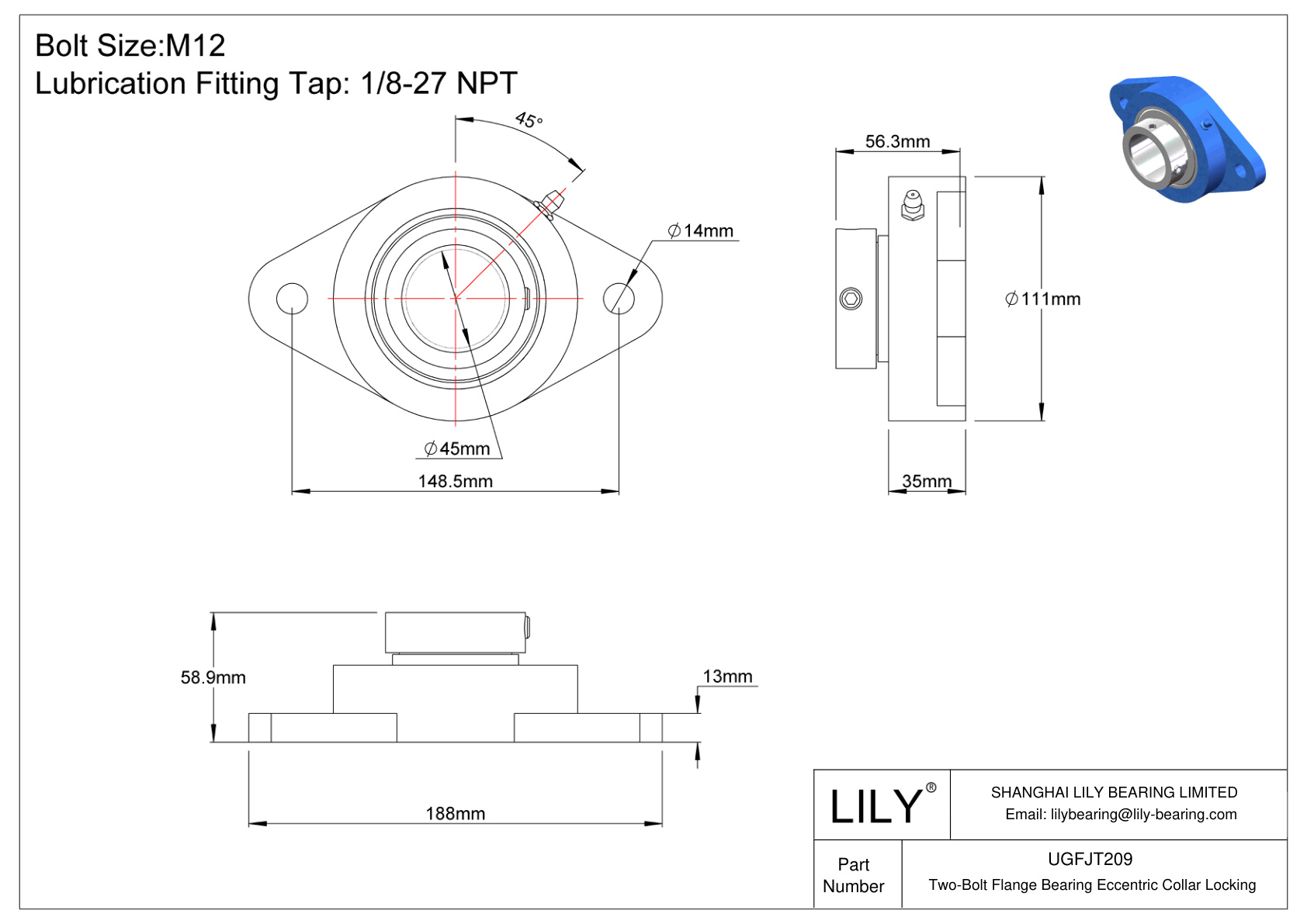 UGFJT209 Two-Bolt Flange Bearing Eccentric Collar Locking cad drawing