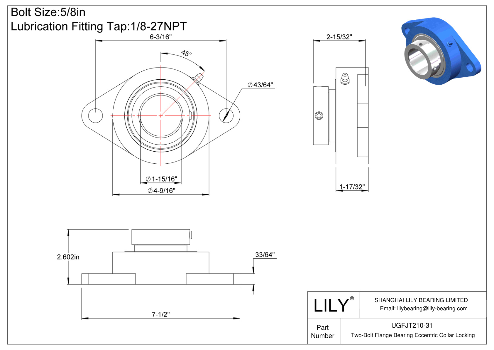 UGFJT210-31 Cojinete de brida de dos pernos Bloqueo de collar excéntrico cad drawing