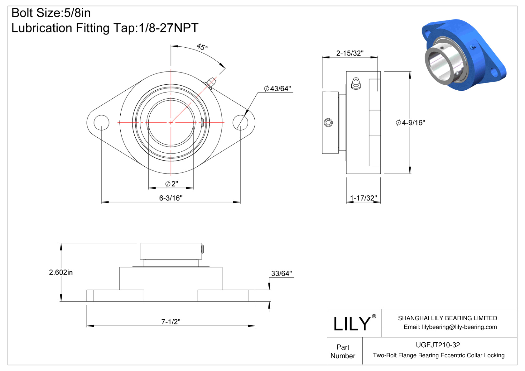 UGFJT210-32 Cojinete de brida de dos pernos Bloqueo de collar excéntrico cad drawing