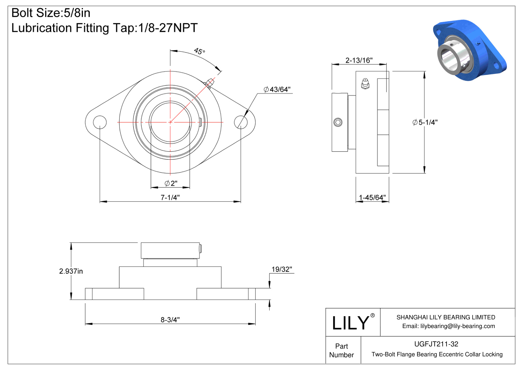 UGFJT211-32 Two-Bolt Flange Bearing Eccentric Collar Locking cad drawing