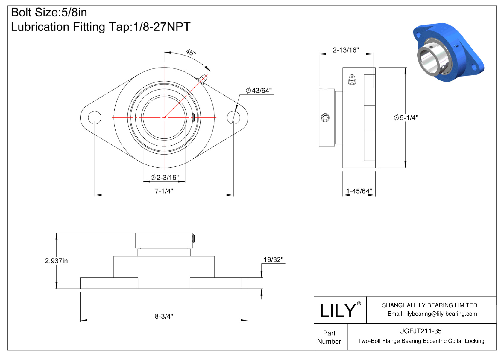 UGFJT211-35 Cojinete de brida de dos pernos Bloqueo de collar excéntrico cad drawing