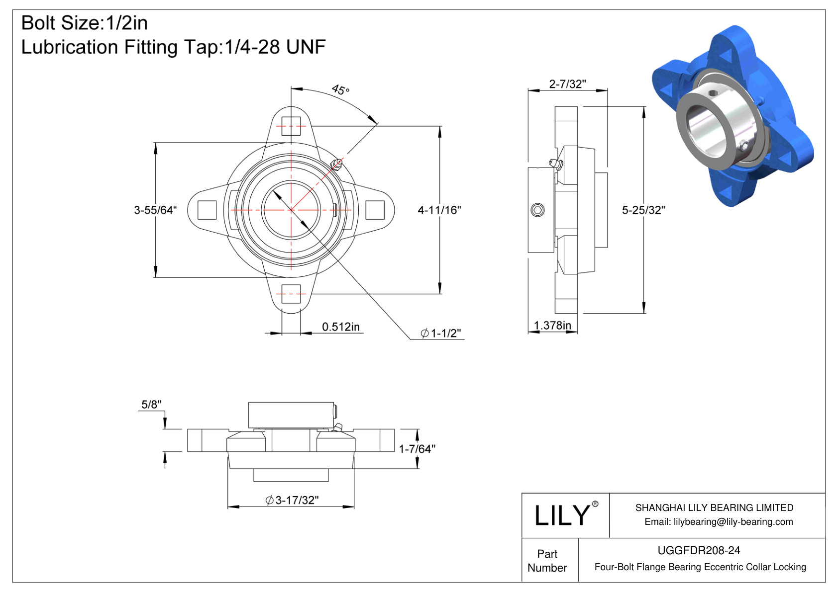 UGGFDR208-24 Cojinete de brida de cuatro tornillos Bloqueo de collar excéntrico cad drawing