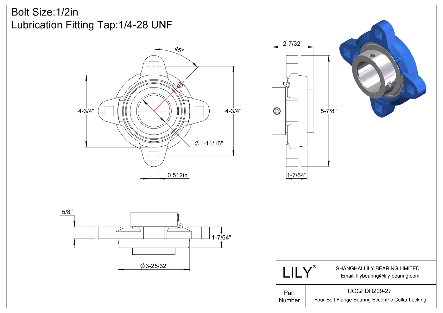 UGGFDR209-27 Four-Bolt Flange Bearing Eccentric Collar Locking cad drawing