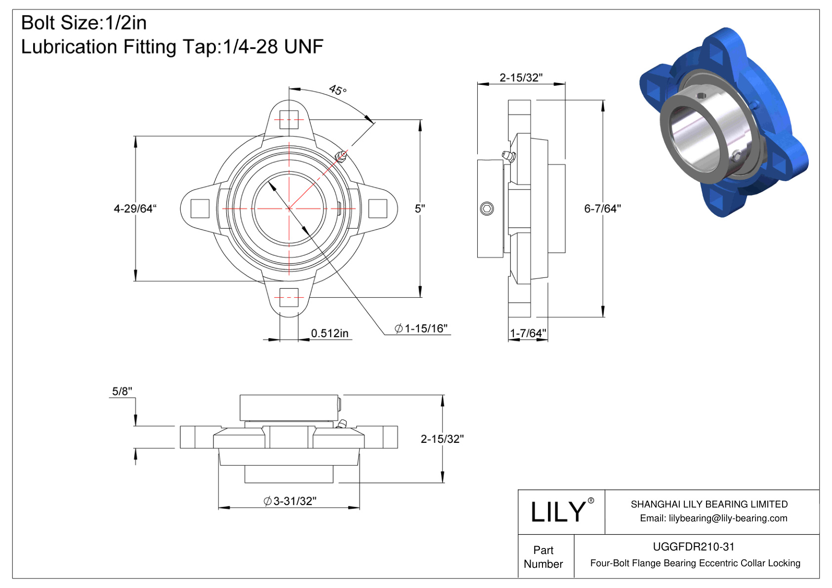 UGGFDR210-31 Four-Bolt Flange Bearing Eccentric Collar Locking cad drawing