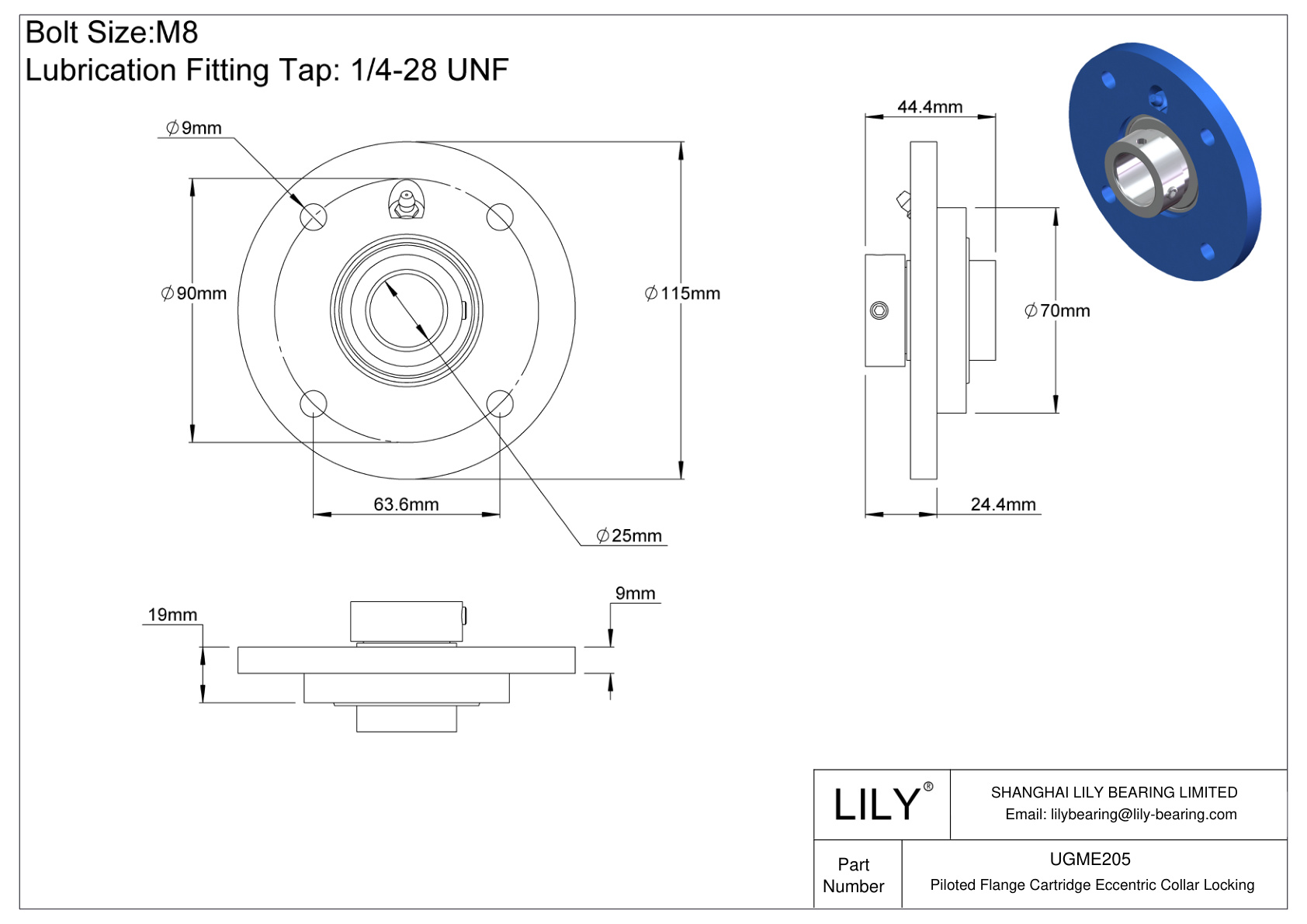 UGME205 Piloted Flange Cartridge Eccentric Collar Locking cad drawing