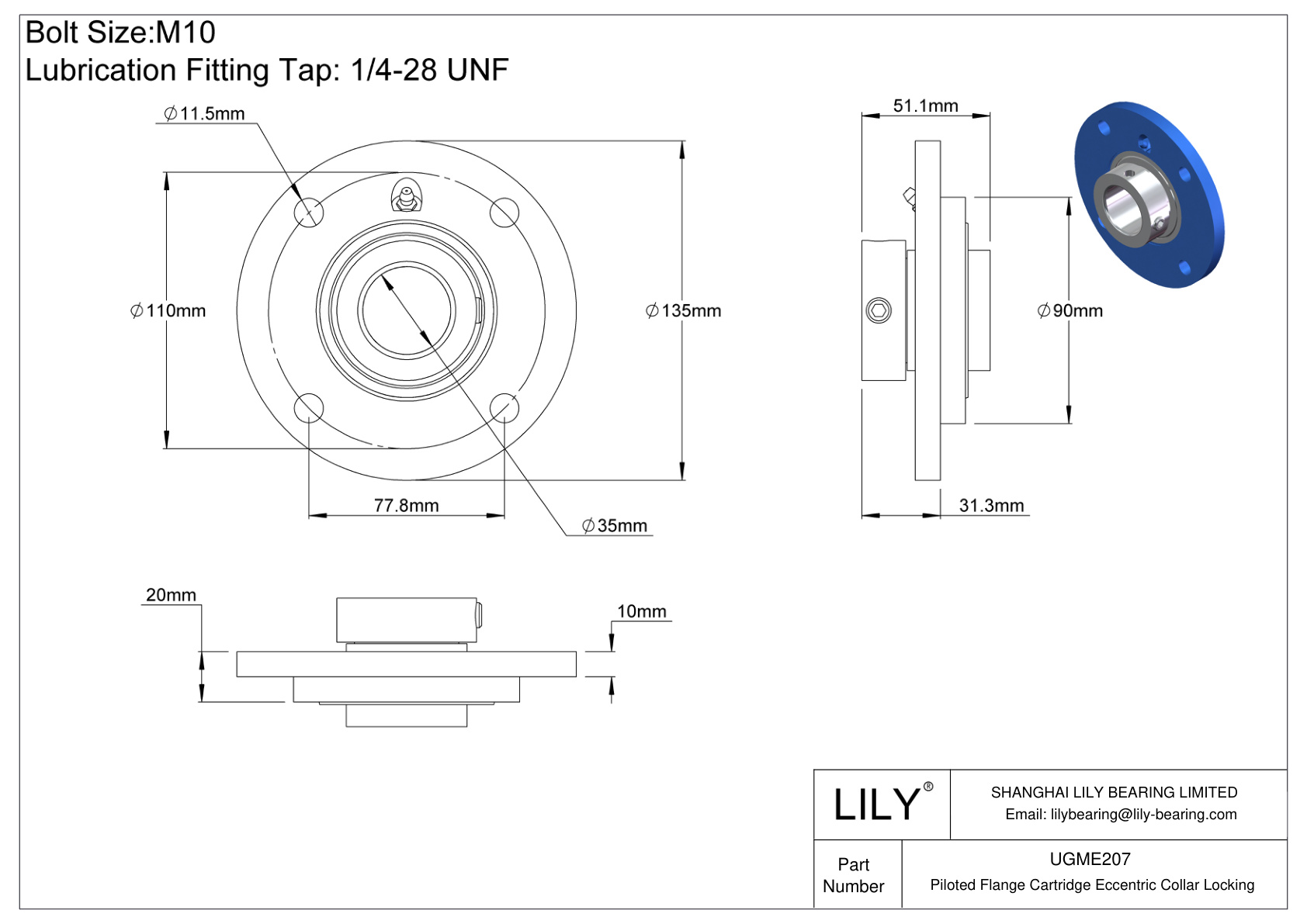 UGME207 Piloted Flange Cartridge Eccentric Collar Locking cad drawing