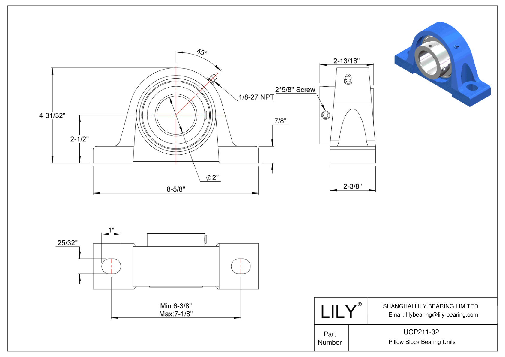 UGP211-32 Pillow Block Bearing Eccentric Collar Locking cad drawing