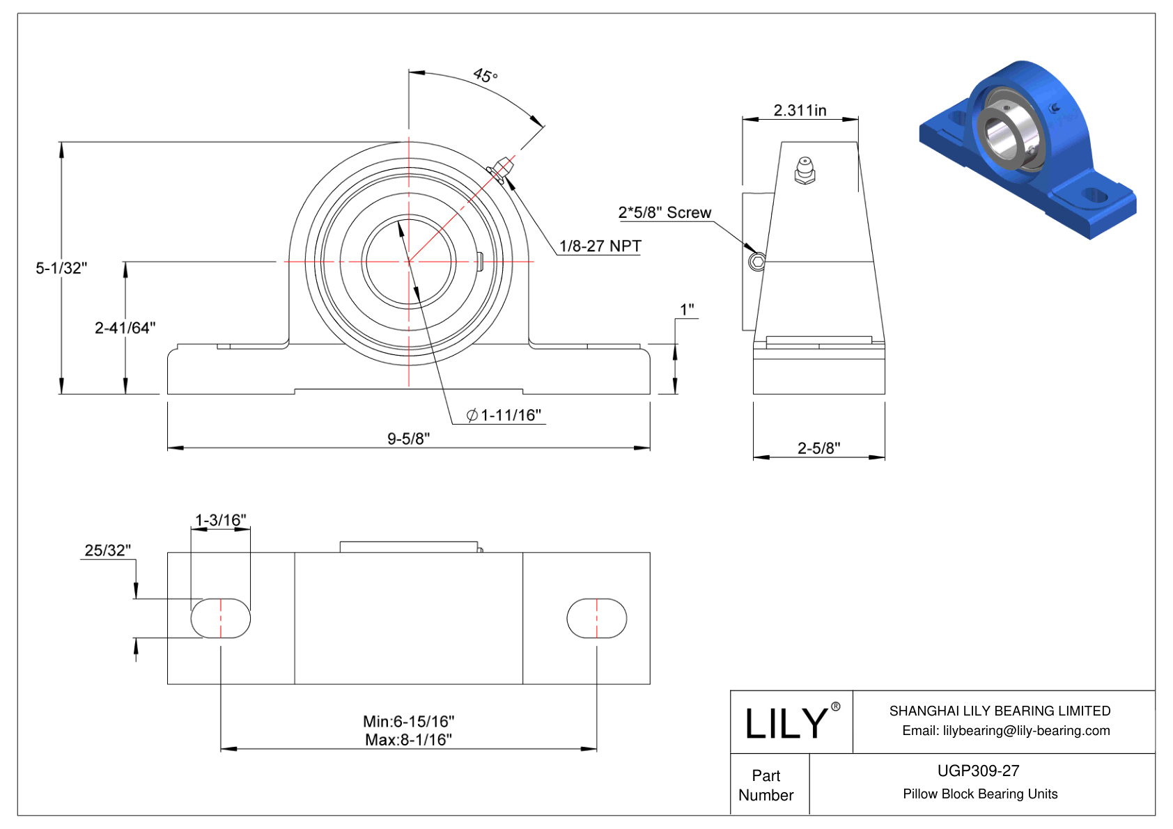 UGP309-27 Pillow Block Bearing Eccentric Collar Locking cad drawing