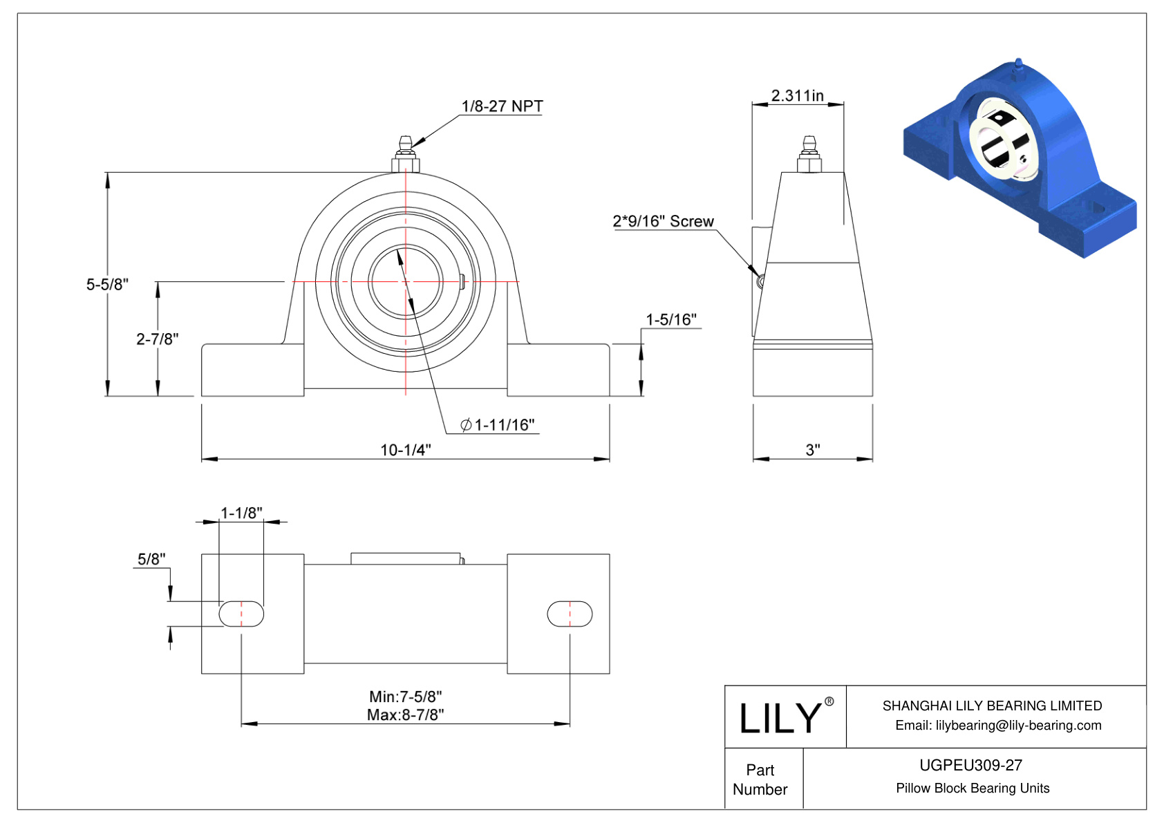 UGPEU309-27 Pillow Block Bearing Eccentric Collar Locking cad drawing