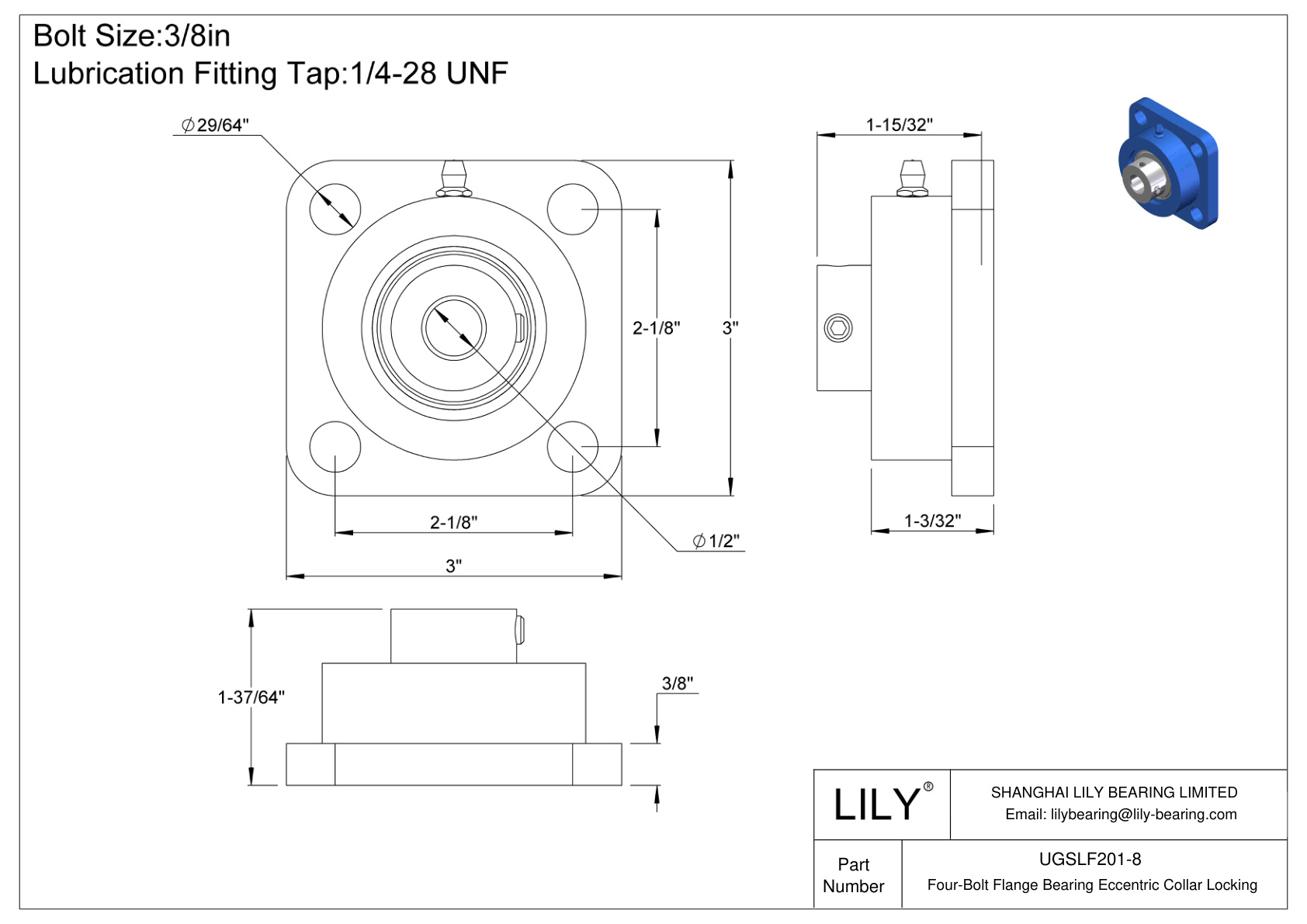 UGSLF201-8 Cojinete de brida de cuatro tornillos Bloqueo de collar excéntrico cad drawing