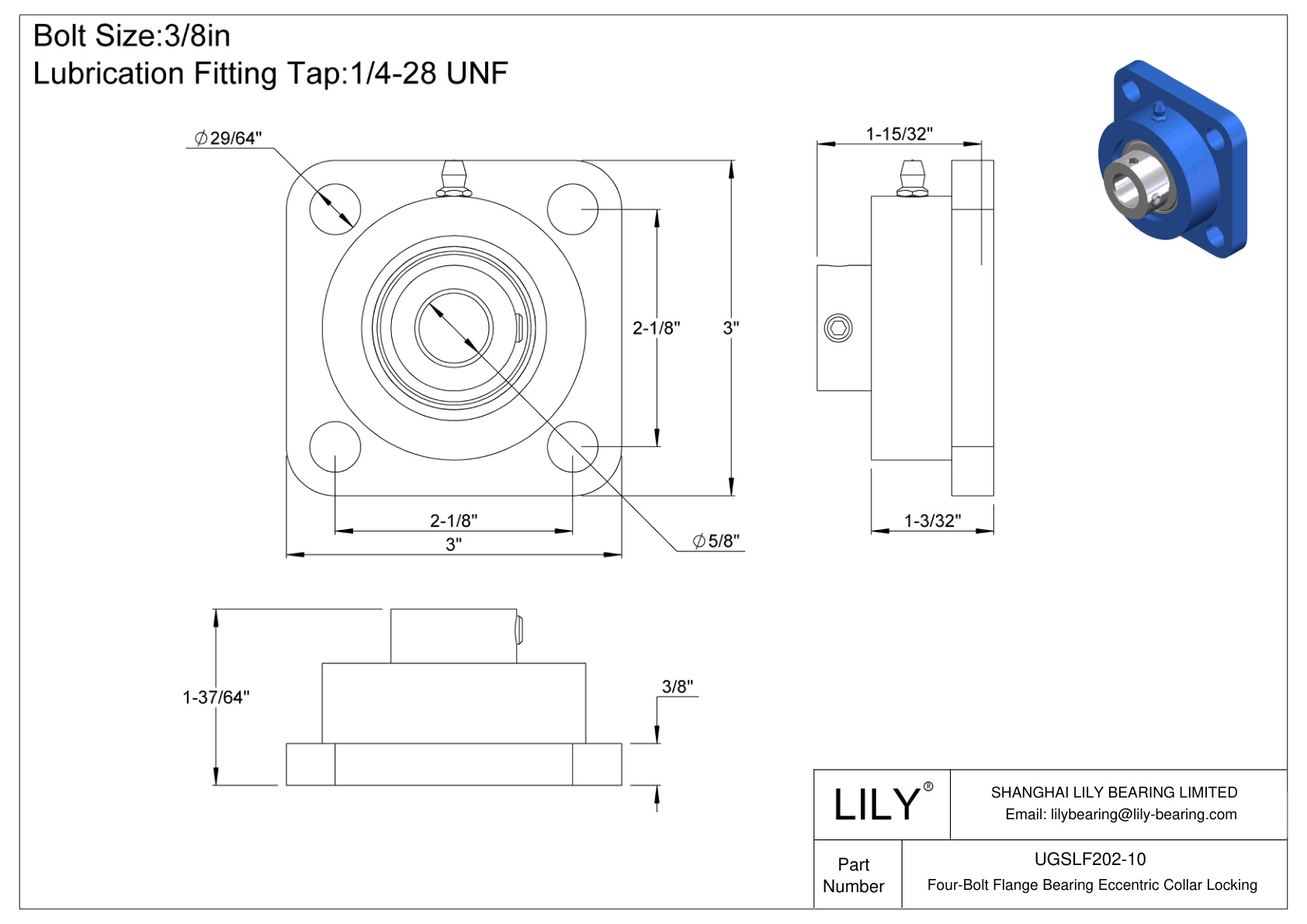 UGSLF202-10 Cojinete de brida de cuatro tornillos Bloqueo de collar excéntrico cad drawing