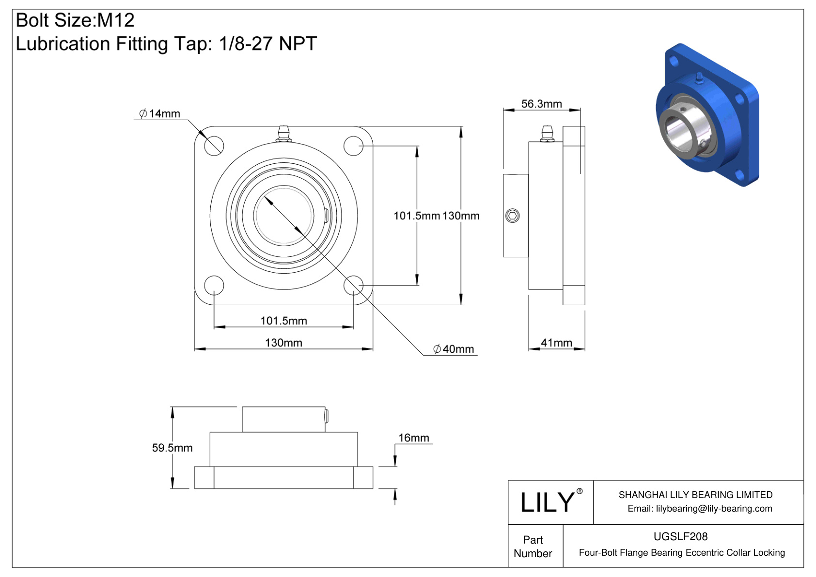 UGSLF208 Four-Bolt Flange Bearing Eccentric Collar Locking cad drawing