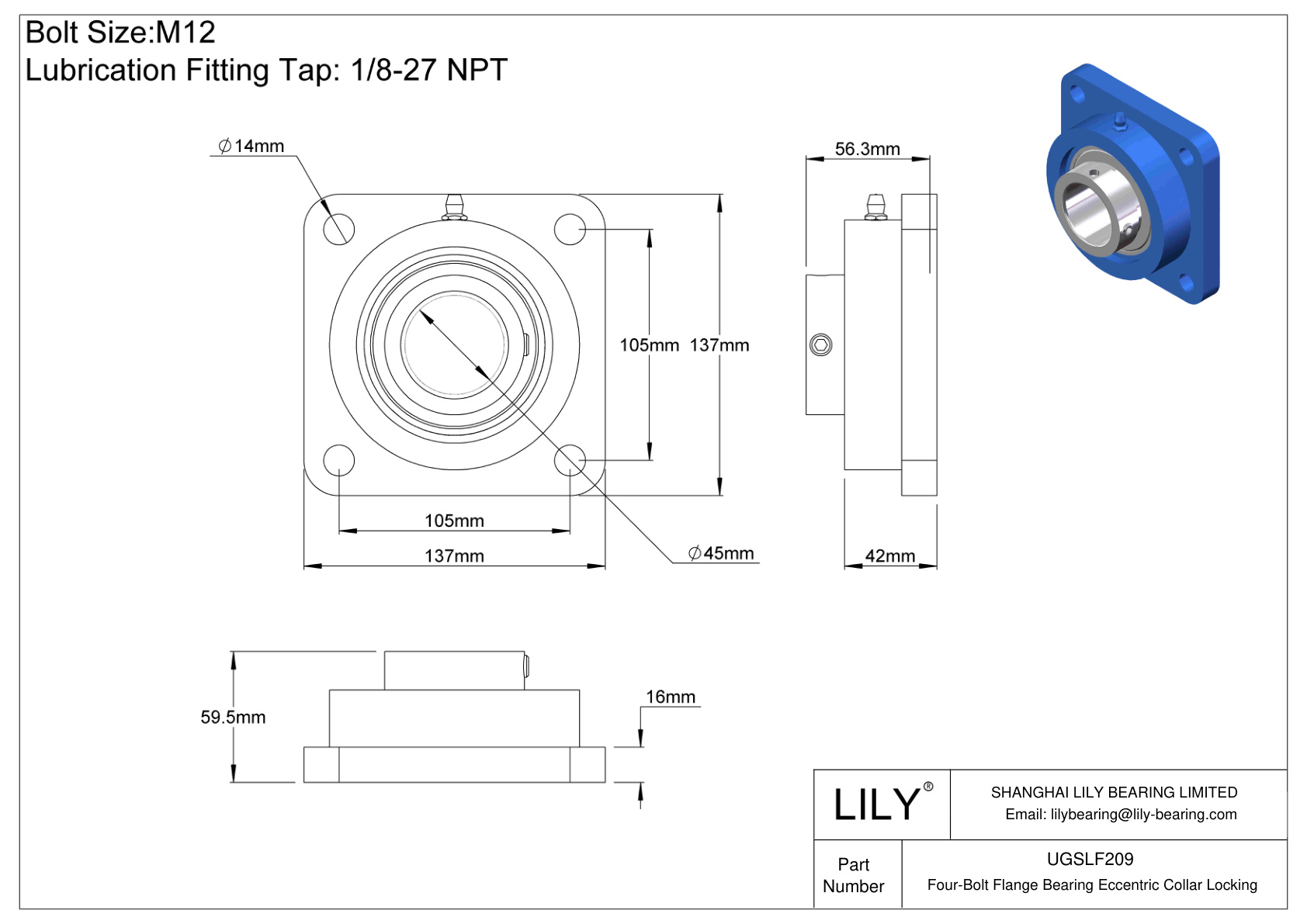 UGSLF209 Four-Bolt Flange Bearing Eccentric Collar Locking cad drawing