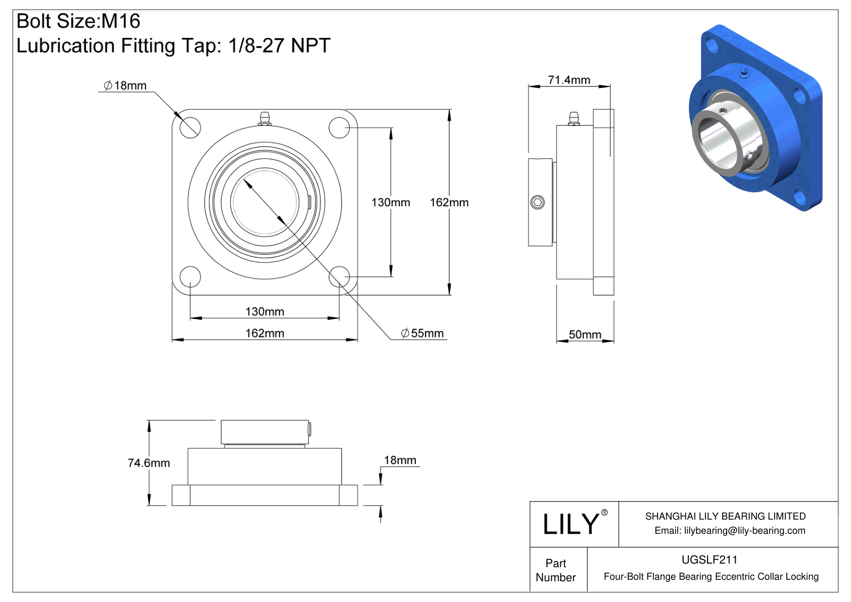 UGSLF211 Four-Bolt Flange Bearing Eccentric Collar Locking cad drawing