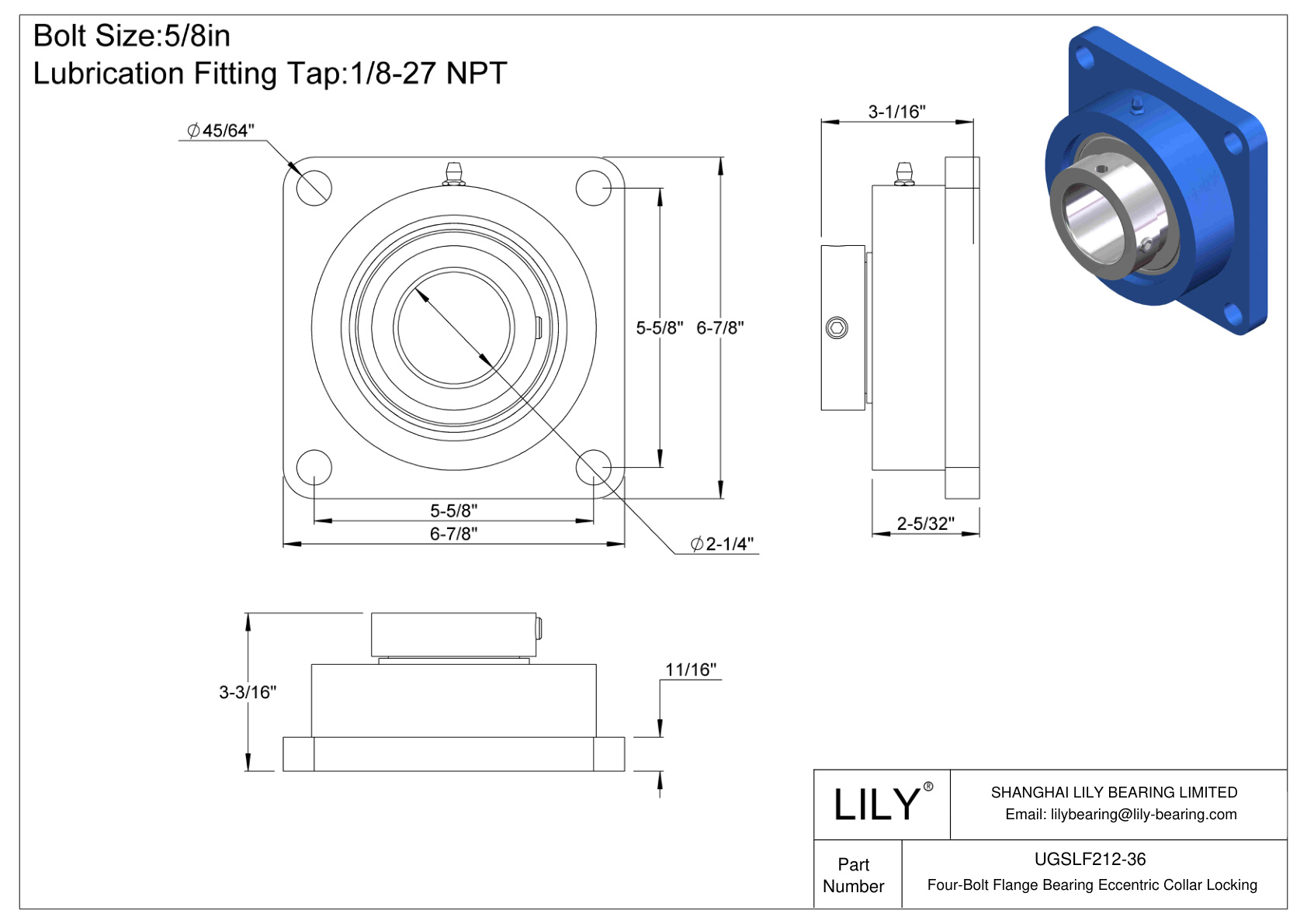 UGSLF212-36 Cojinete de brida de cuatro tornillos Bloqueo de collar excéntrico cad drawing