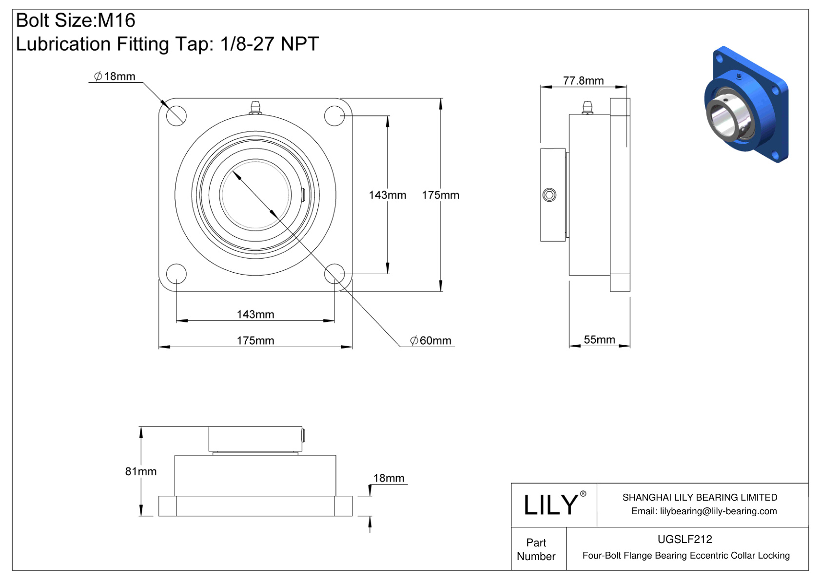 UGSLF212 Four-Bolt Flange Bearing Eccentric Collar Locking cad drawing