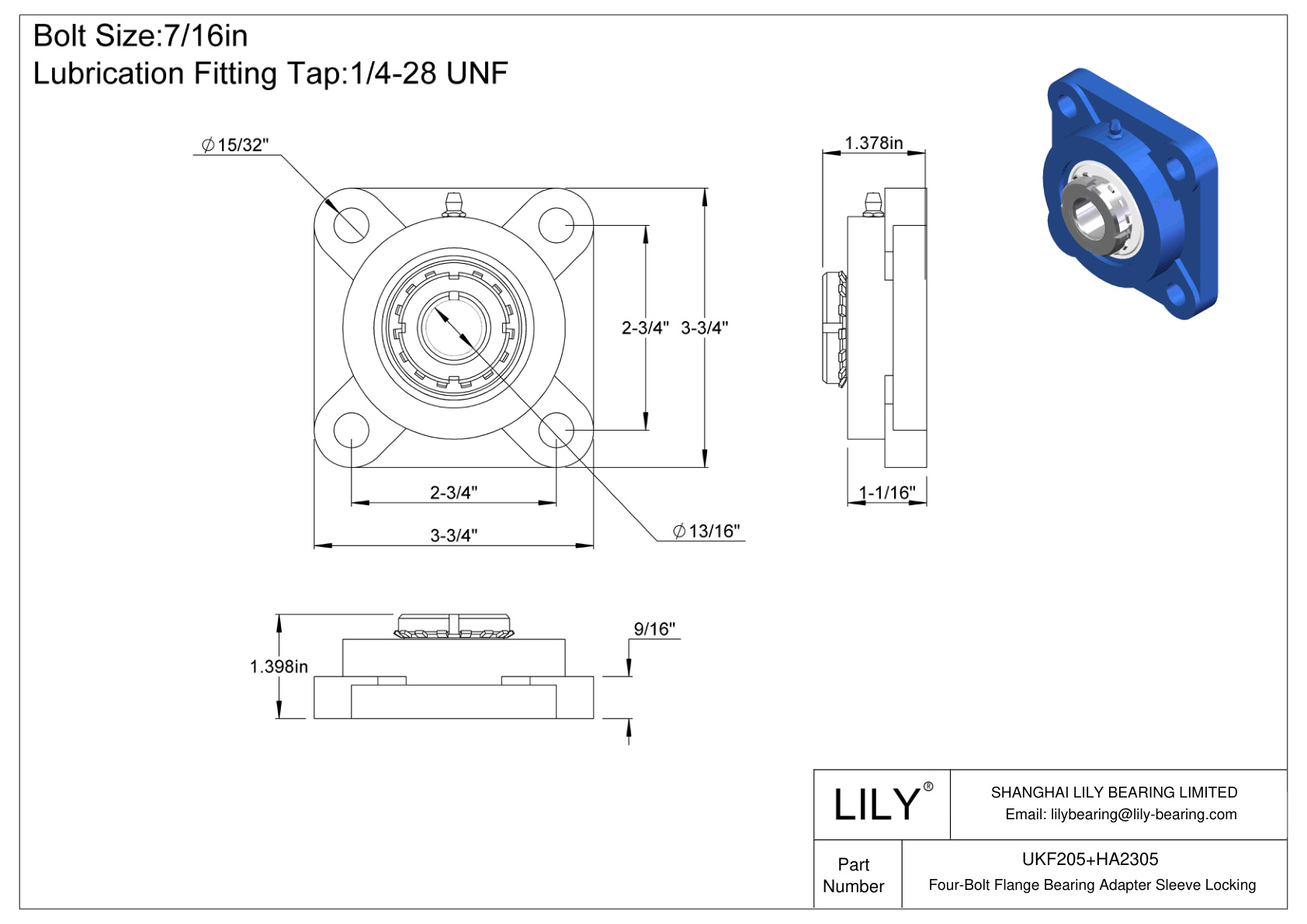 UKF205+HA2305 Manguito de fijación del adaptador de cojinete de brida de cuatro pernos cad drawing