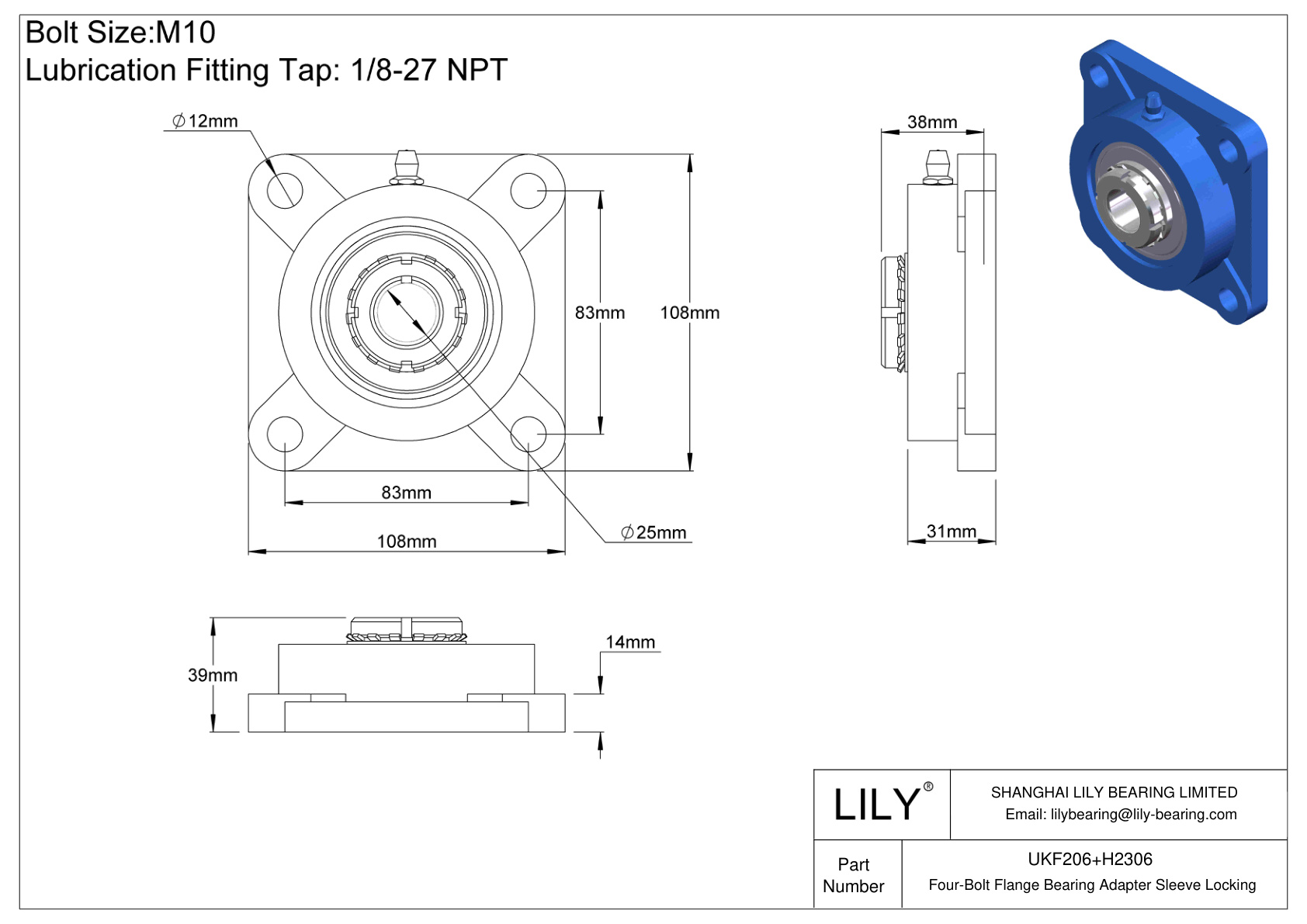 UKF206+H2306 四螺栓法兰轴承适配器套筒锁定 cad drawing