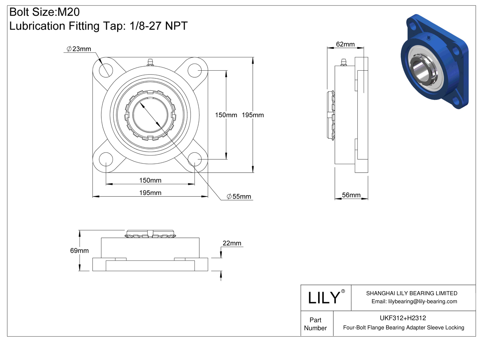 UKF312+H2312 Four-Bolt Flange Bearing Adapter Sleeve Locking cad drawing