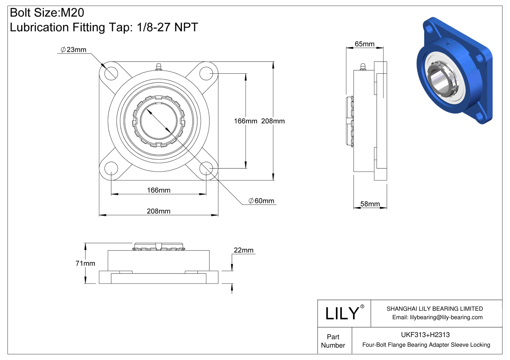 UKF313+H2313 Manguito de fijación del adaptador de cojinete de brida de cuatro pernos cad drawing