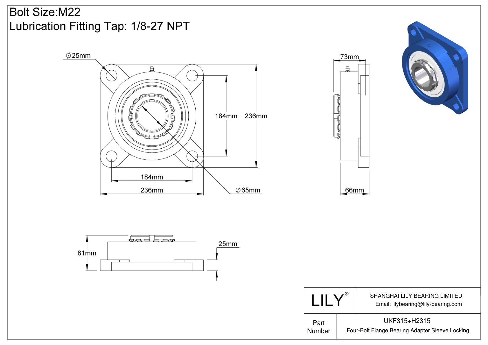 UKF315+H2315 Manguito de fijación del adaptador de cojinete de brida de cuatro pernos cad drawing