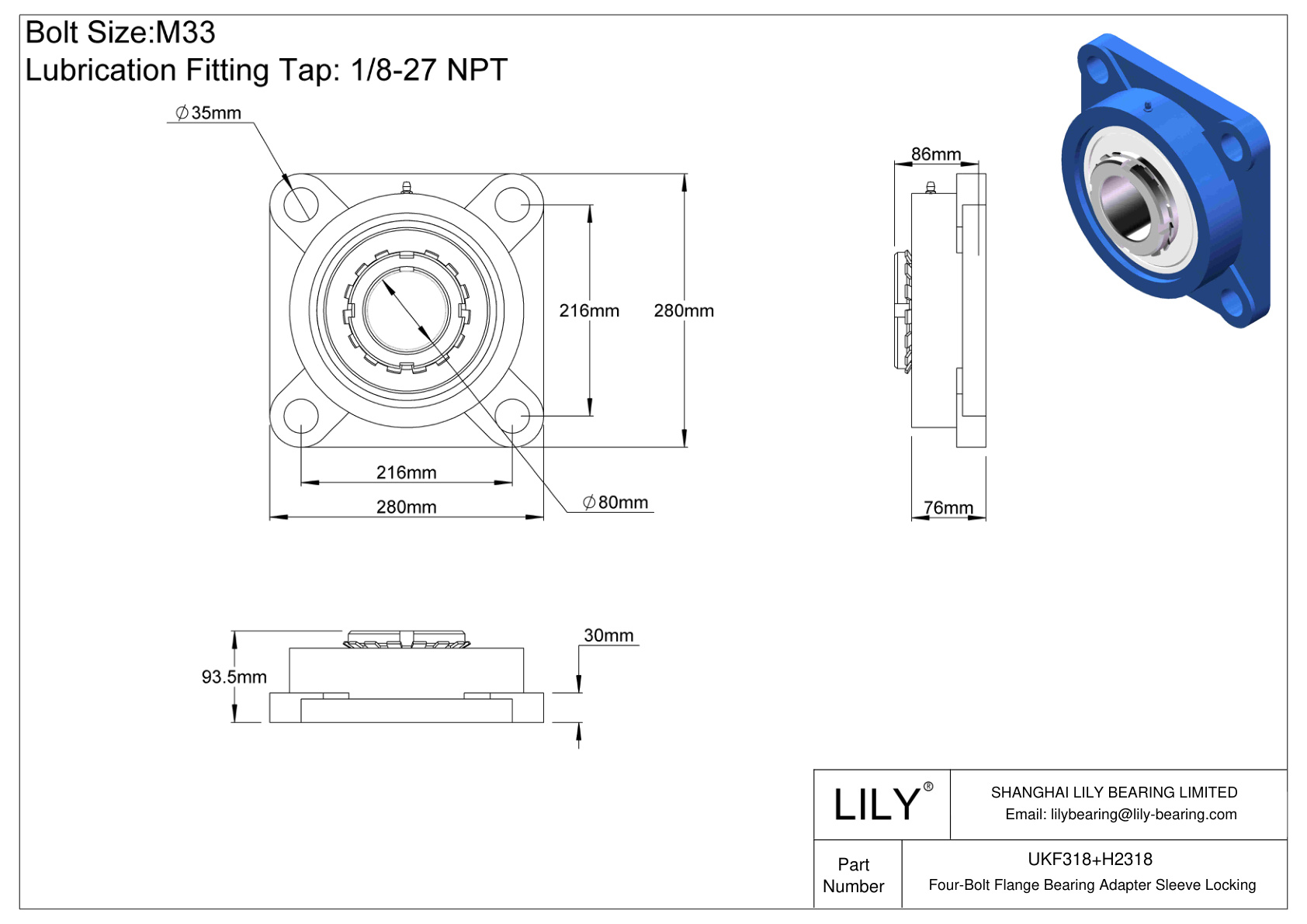 UKF318+H2318 Manguito de fijación del adaptador de cojinete de brida de cuatro pernos cad drawing