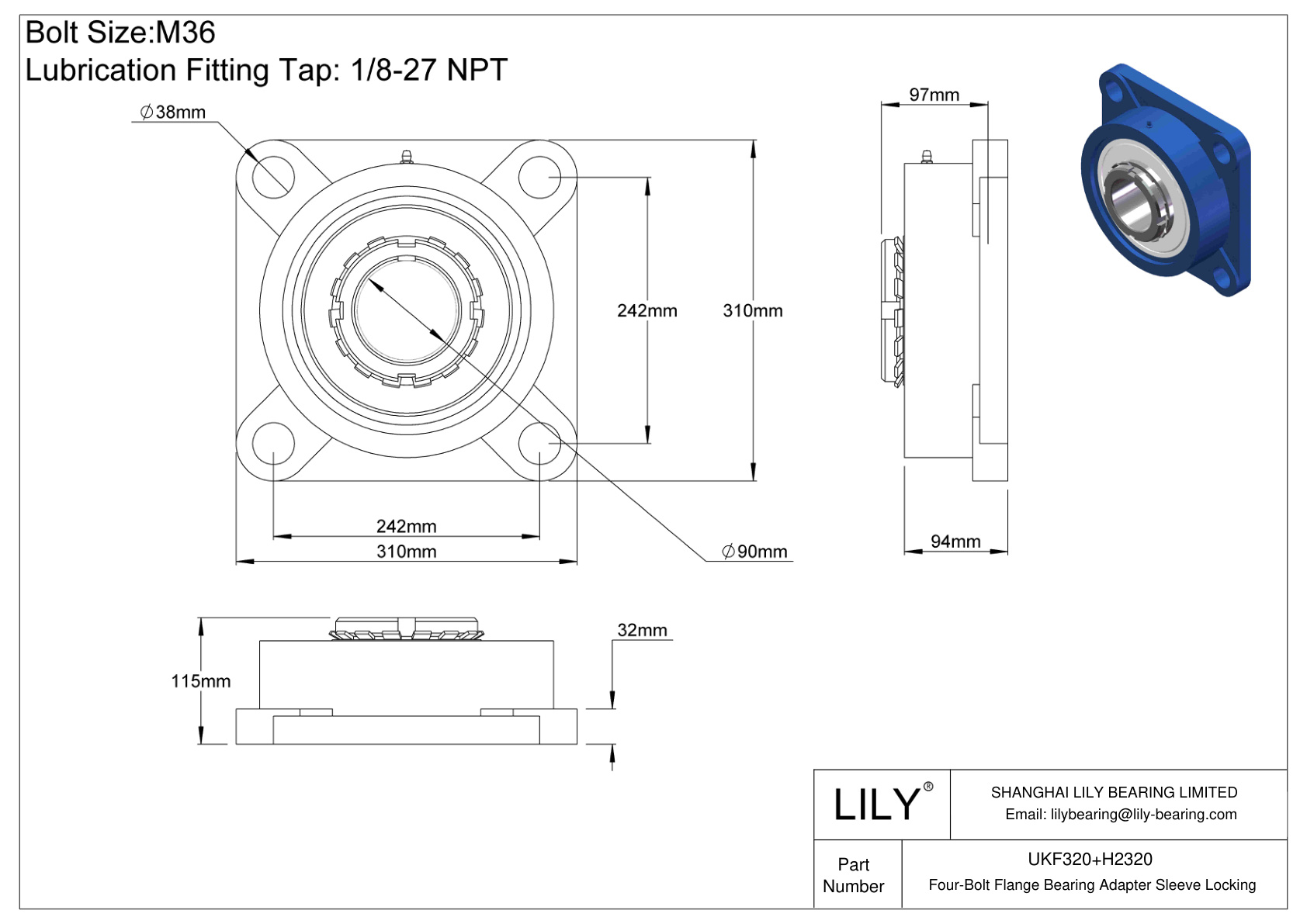 UKF320+H2320 Manguito de fijación del adaptador de cojinete de brida de cuatro pernos cad drawing