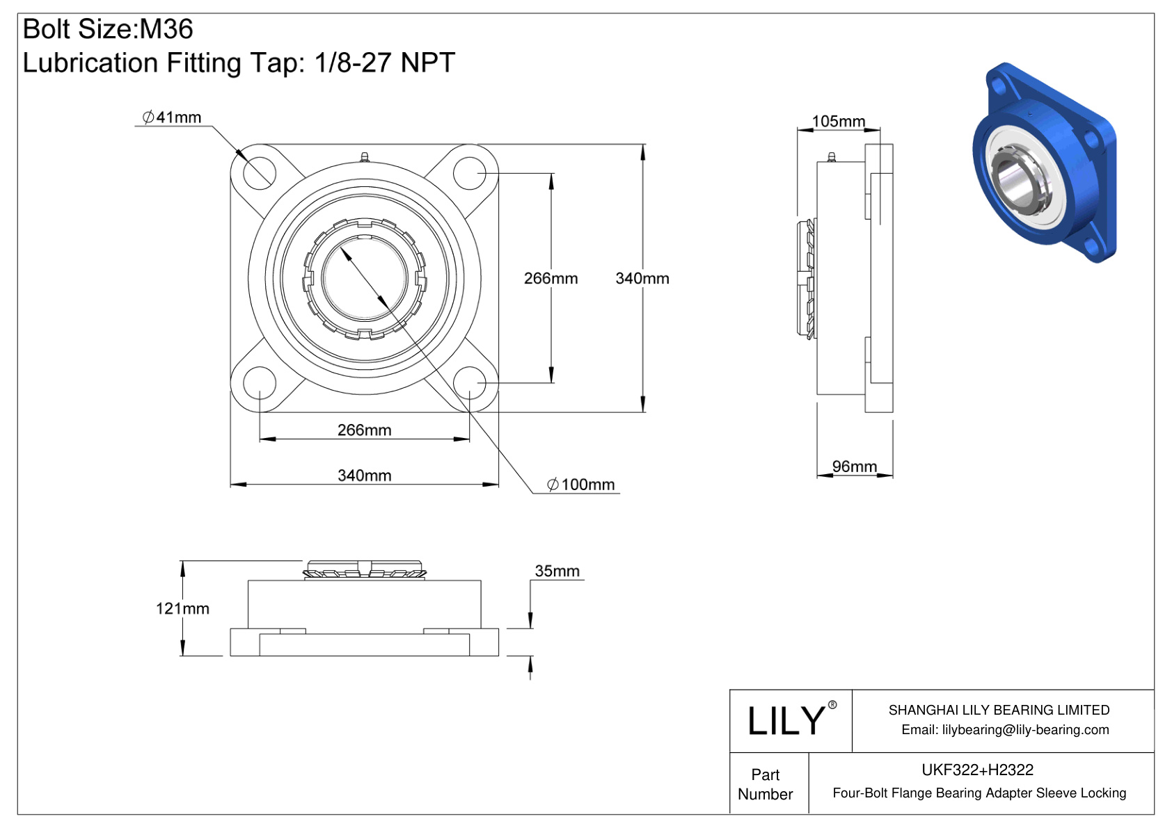 UKF322+H2322 Four-Bolt Flange Bearing Adapter Sleeve Locking cad drawing